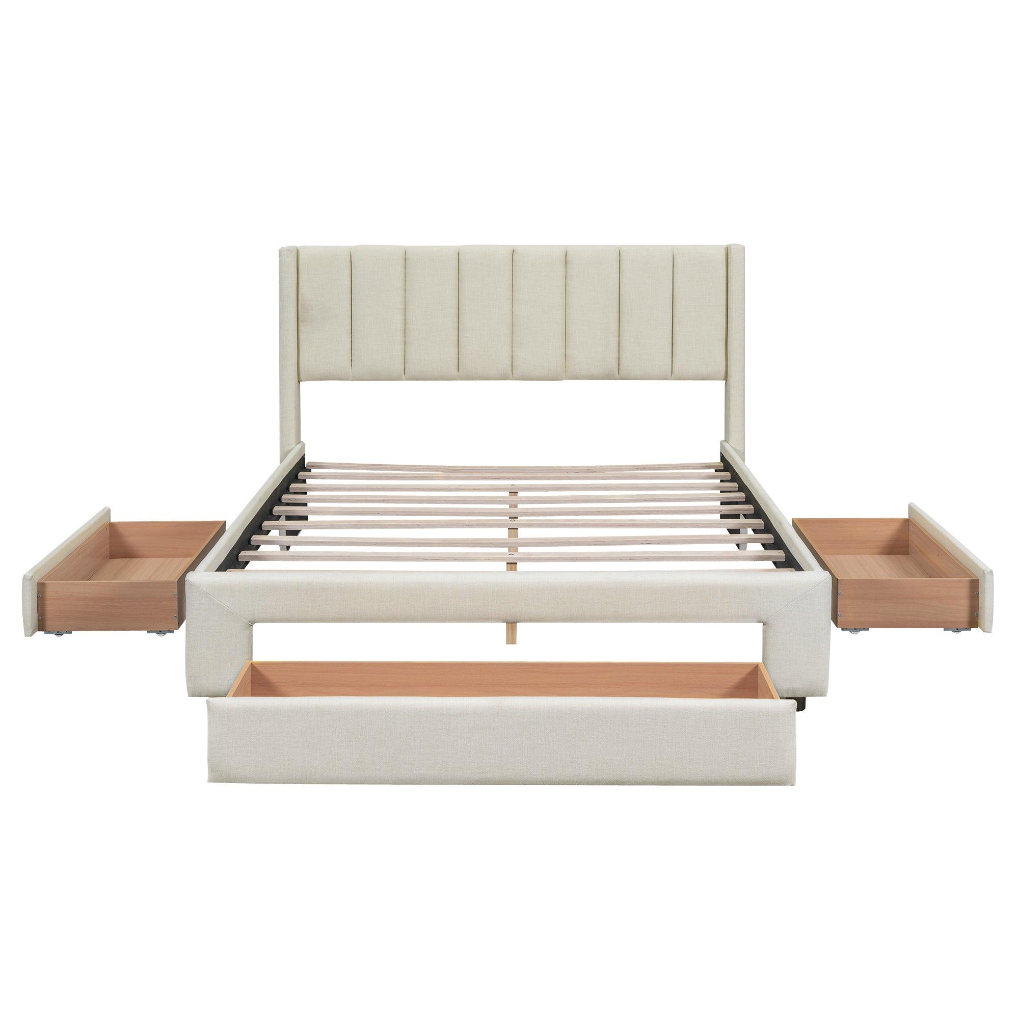 Full Size Upholstered Platform Bed with One Large Drawer in the Footboard and Drawer on Each Side, Beige