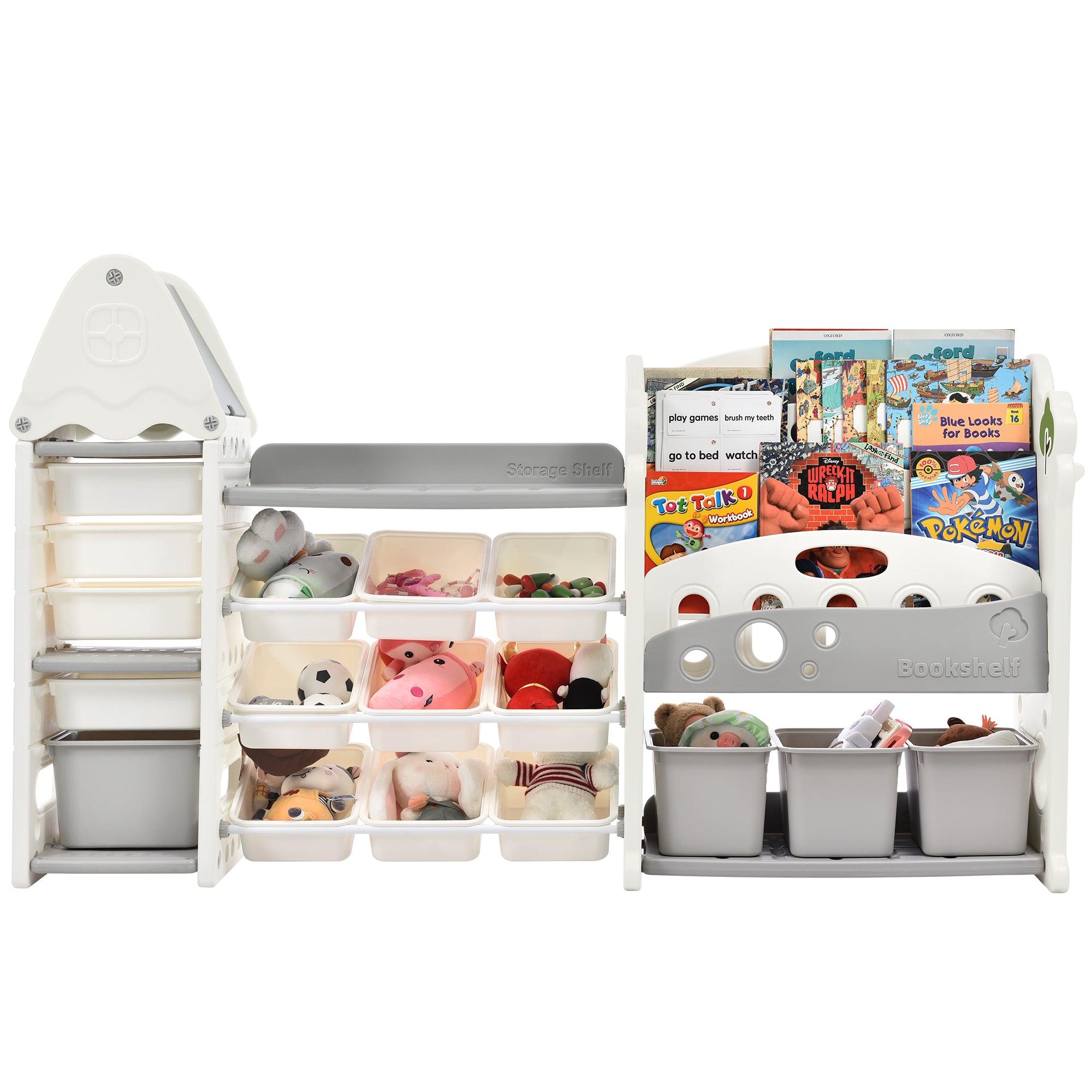🆓🚛 Kids Bookshelf Toy Storage Organizer With 17 Bins & 5 Bookshelves, Multi-Functional Nursery Organizer Kids Furniture Set Toy Storage Cabinet Unit With Hdpe Shelf & Bins, Gray