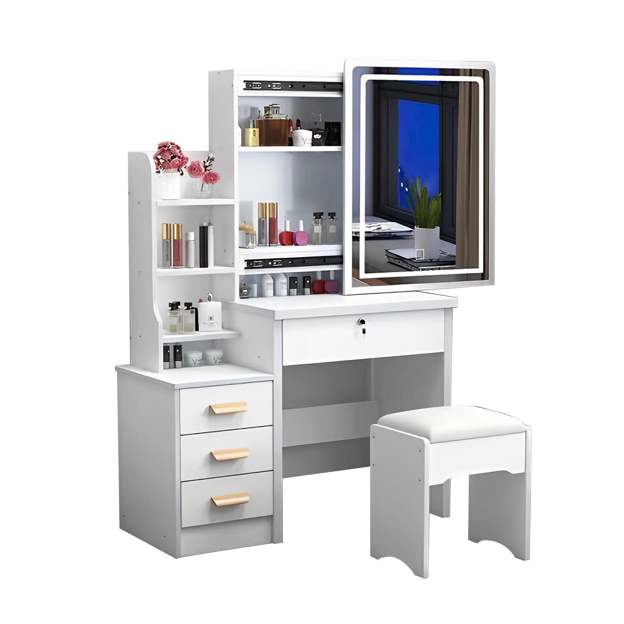 🆓🚛 Fashion Vanity Desk With Mirror & Lights for Makeup & Chair, Vanity Mirror With Lights & Table Set With 3 Color Lighting Brightness Adjustable, 4 Drawers, White Color