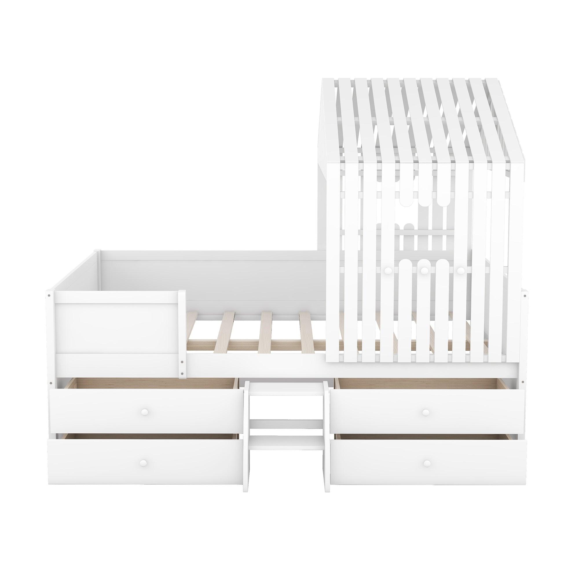 Full Size House Low Loft Bed with Four Drawers, White