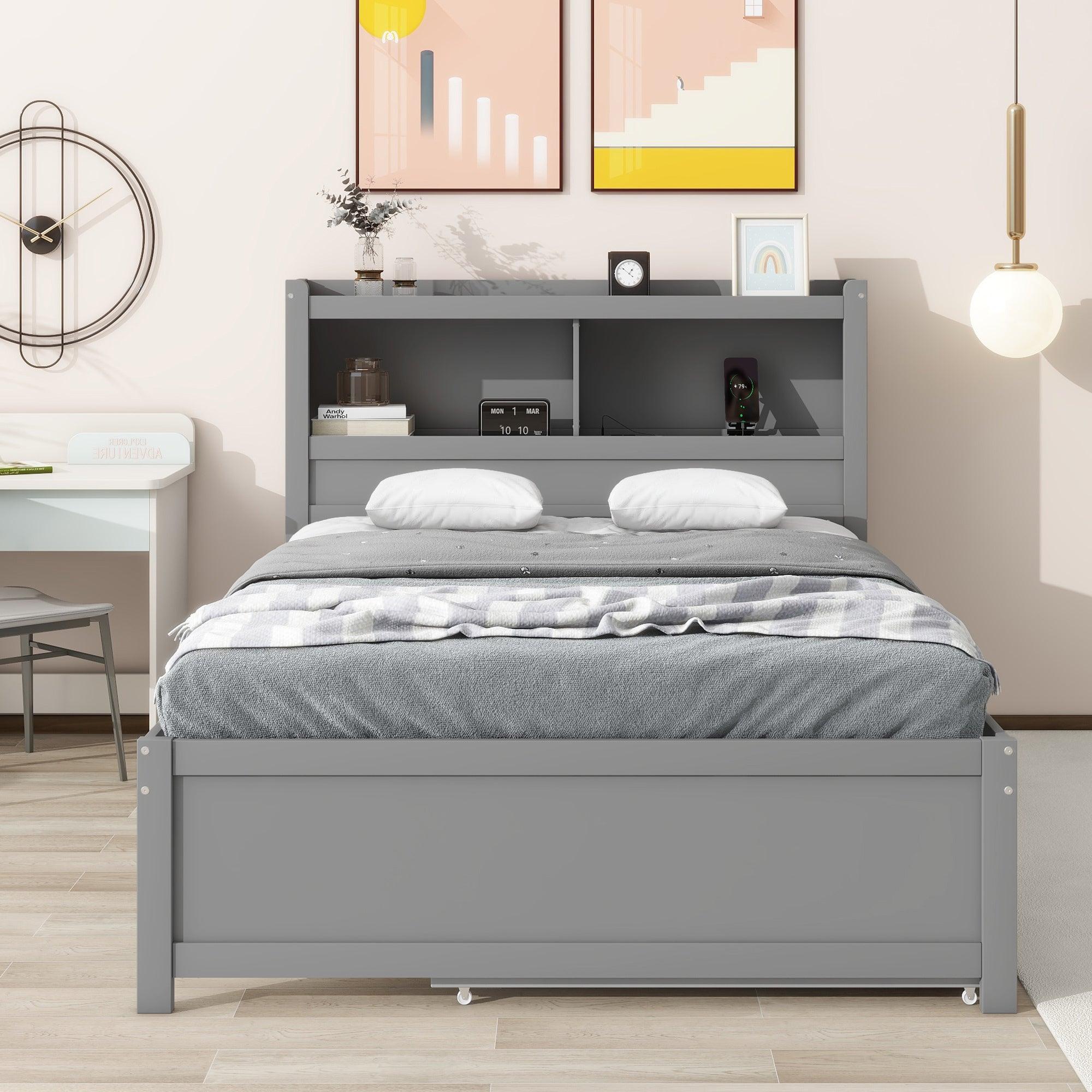 Full Size platform bed with trundle, drawers and USB plugs, Gray