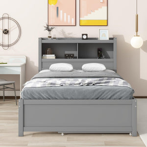 Full Size platform bed with trundle, drawers and USB plugs, Gray