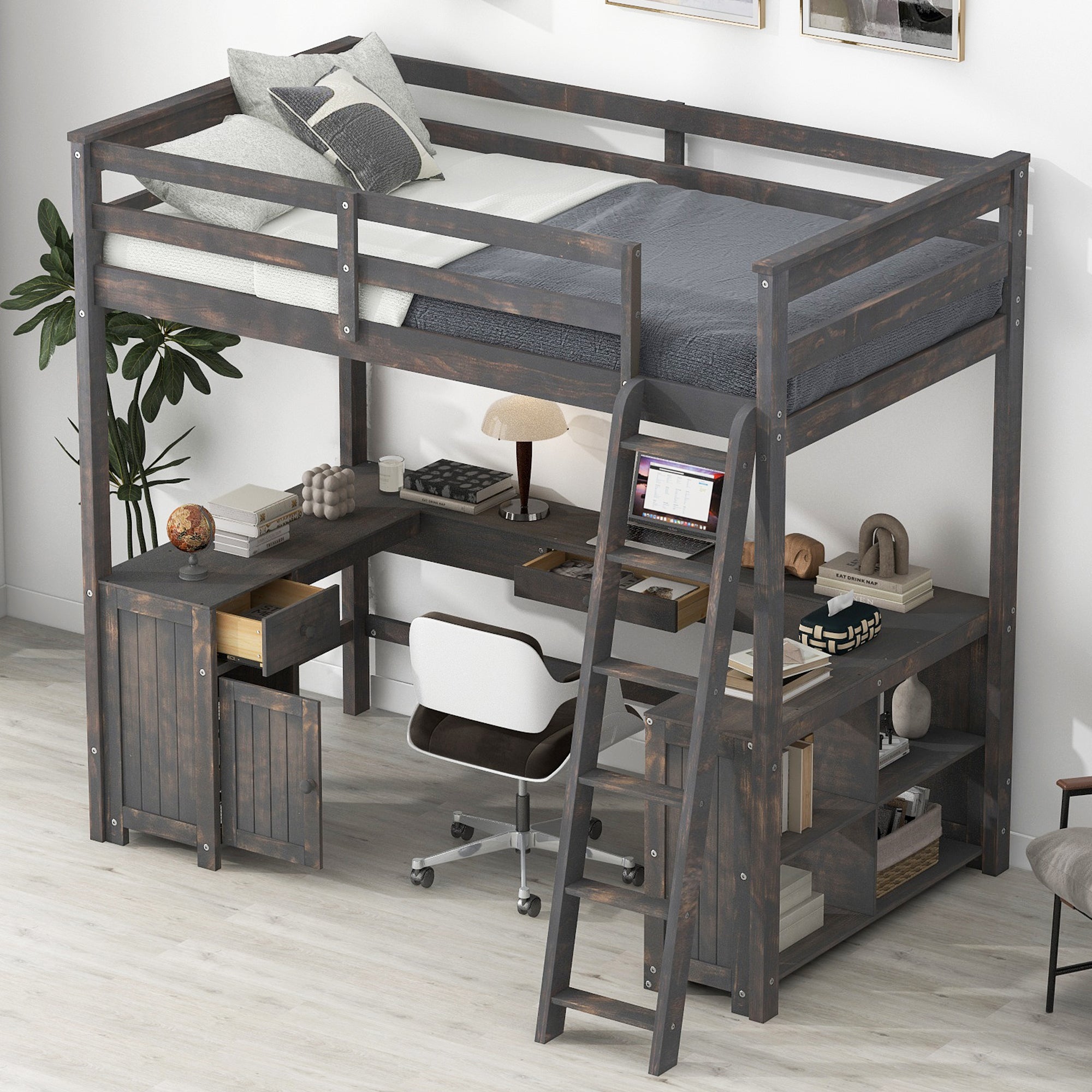 Full Size Loft Bed with U-shaped Desk, Drawers and Storage Shelves, Antique Brown