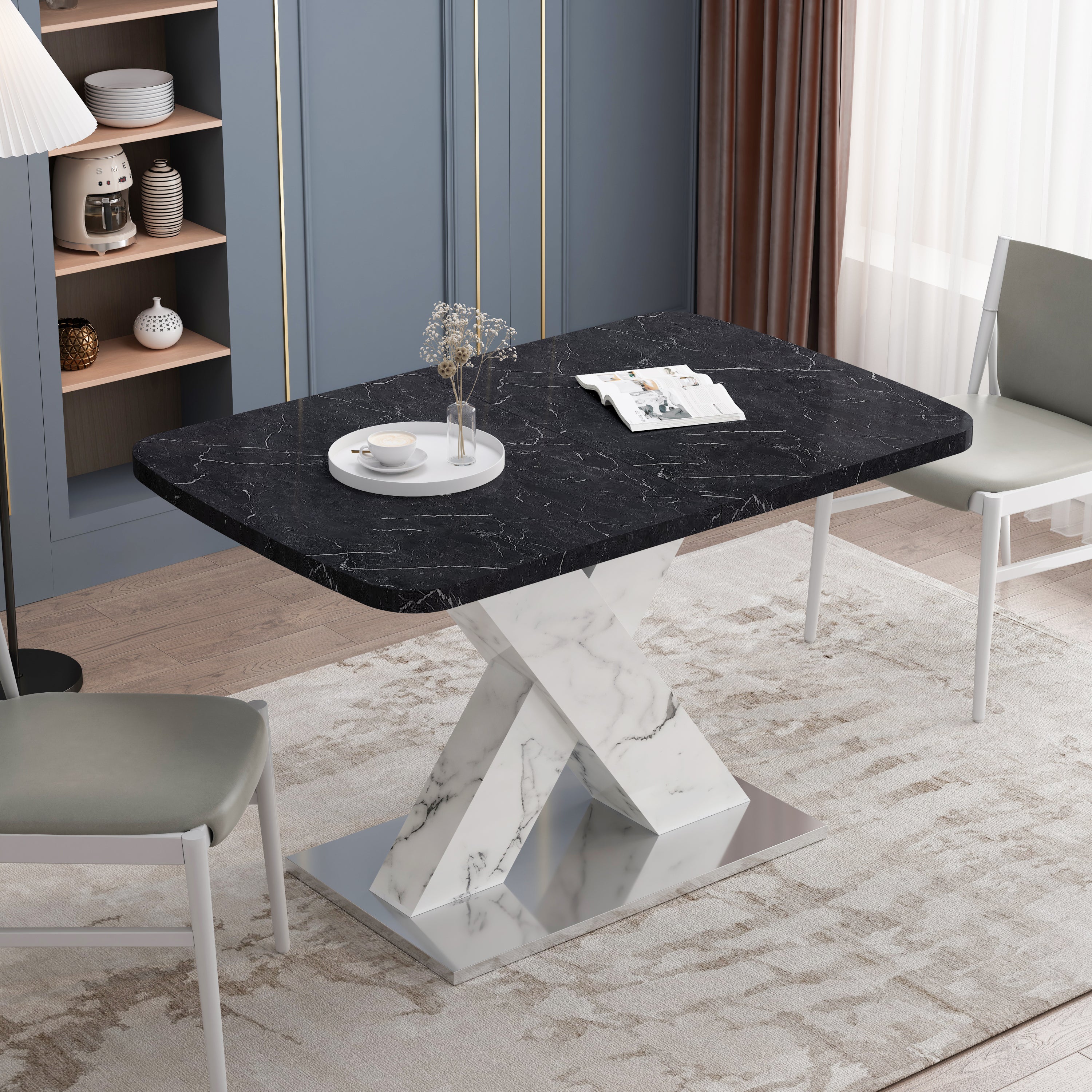 🆓🚛 Modern Square Dining Table, Stretchable, Faux Marble Table Top White X-Shape Table Leg With Metal Base