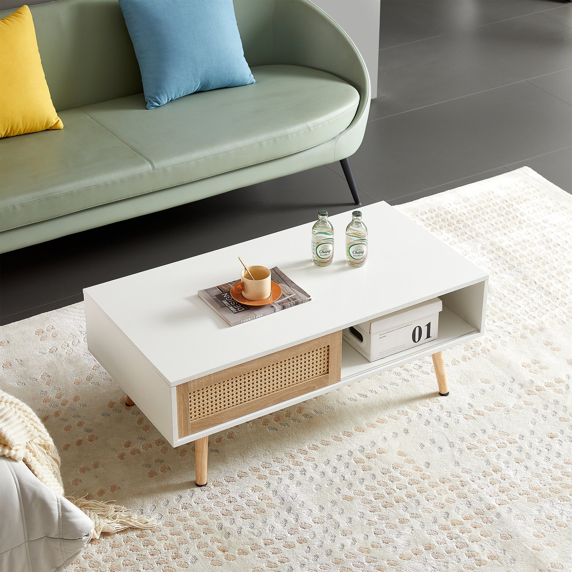 41.34" Rattan Coffee Table, Sliding Door for Storage, Solid Wood Legs, Modern Table for Living Room, White