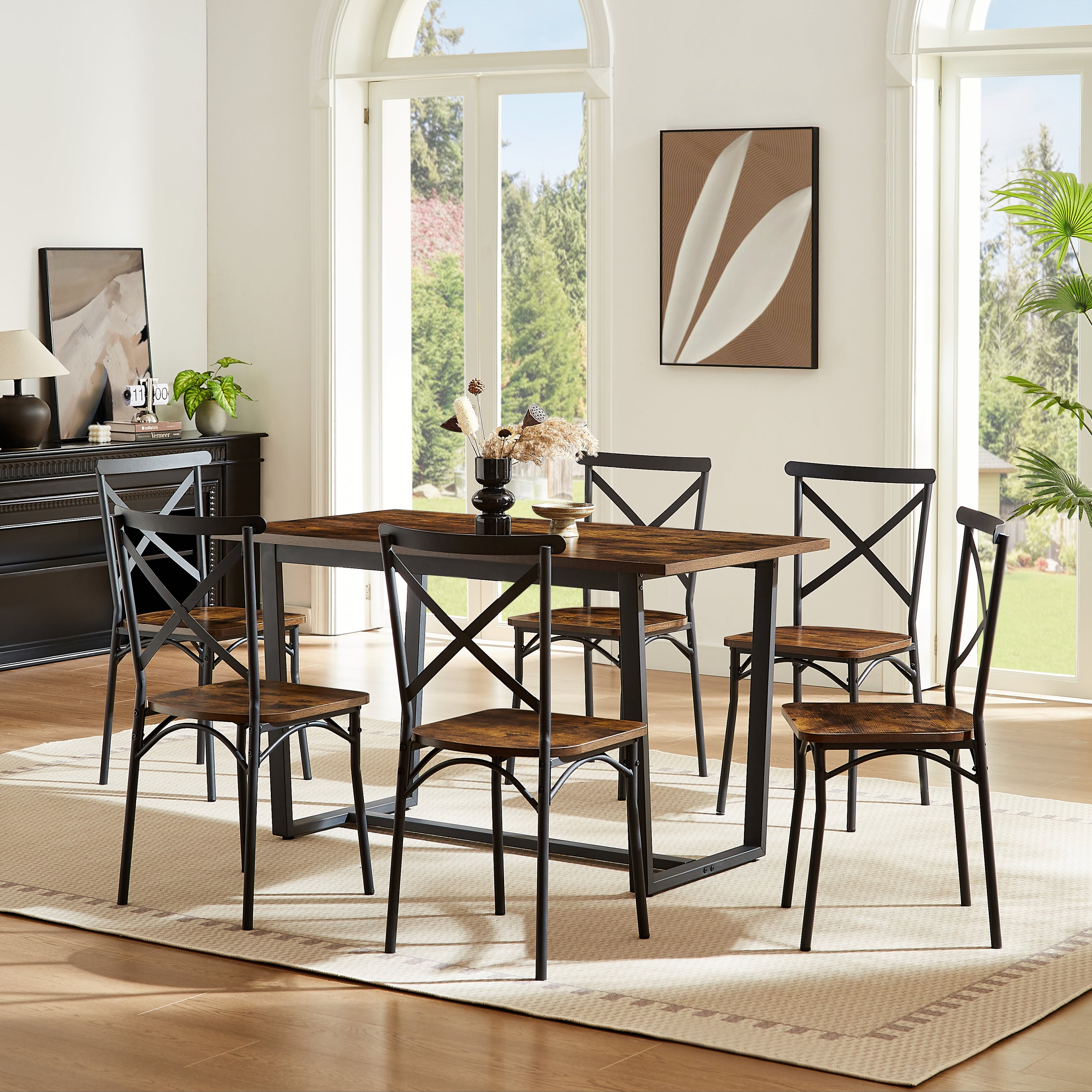 🆓🚛 7-Piece Kitchen Table Set, 1 Table, 6 Chairs, Perfect for Kitchen, Breakfast Nook, Living Room Occasions, Brown
