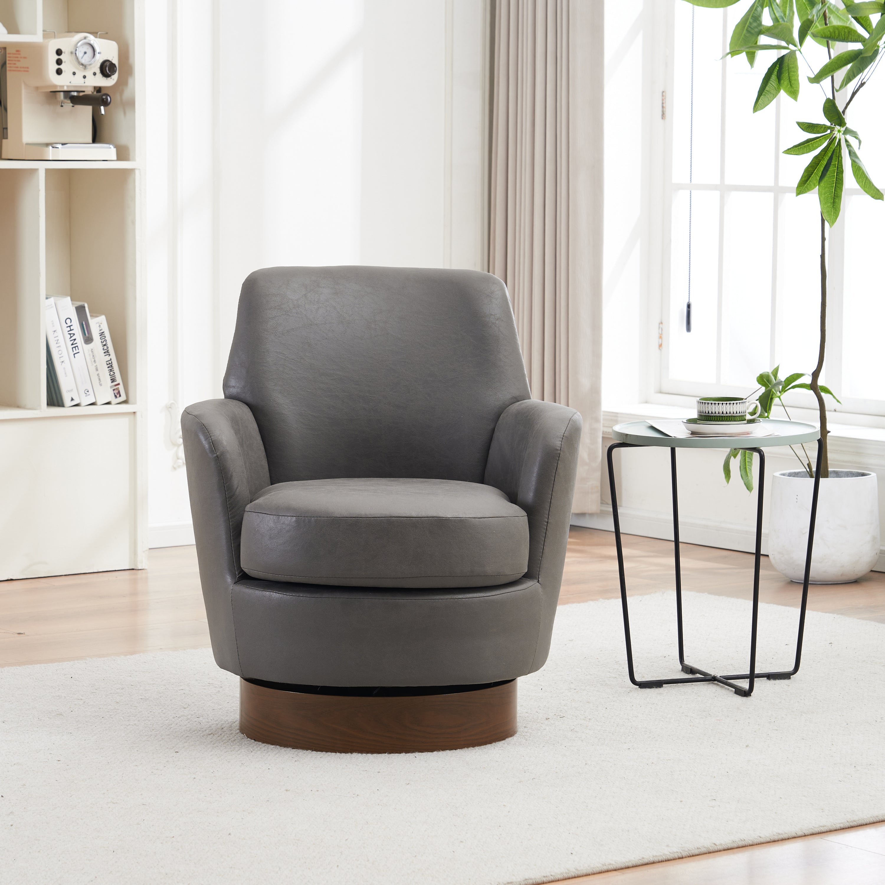 🆓🚛 Pu Leather Swivel Barrel Chair, Swivel Accent Chairs Armchair for Living Room, Reading Chairs for Bedroom Comfy, Round Barrel Chairs With Gold Stainless Steel Base, Gray