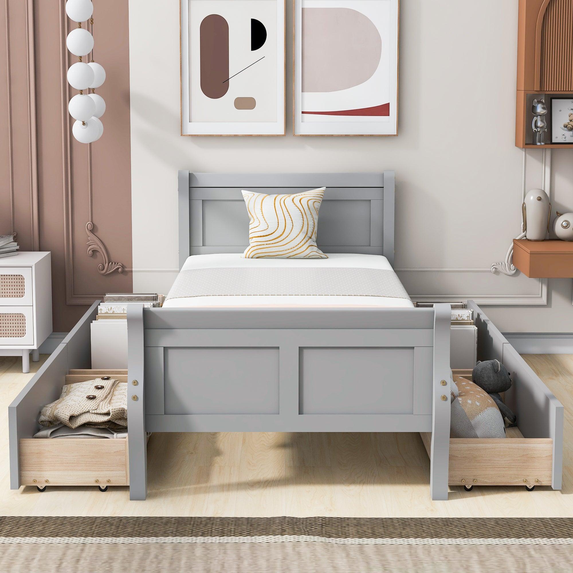 🆓🚛 Twin Size Wood Platform Bed With 4 Drawers & Streamlined Headboard & Footboard, Gray