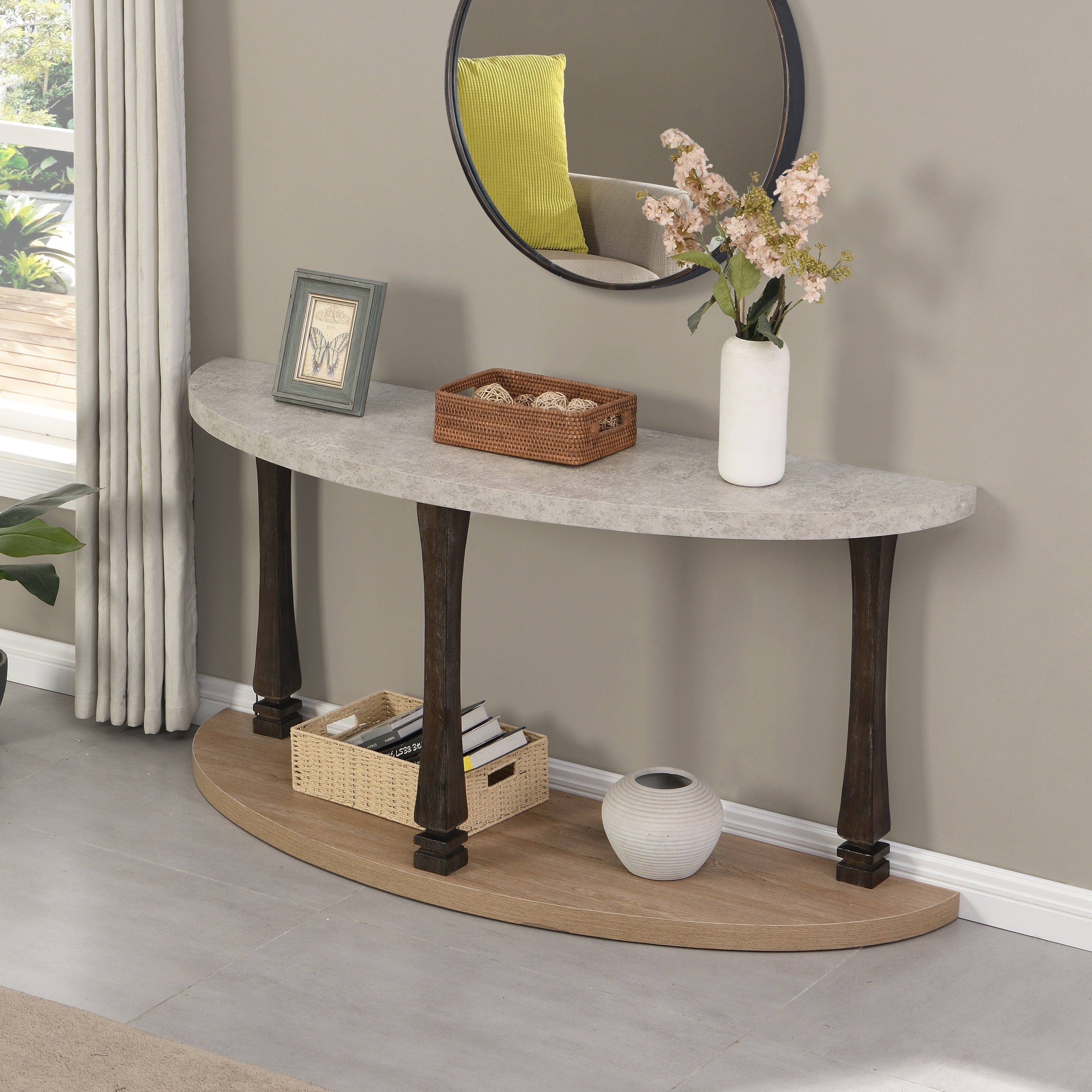 🆓🚛 48" Long Semi Circle Demilune Sofa Table for Small Hallway Entryway Space, Wooden Half Moon Sturdy Console Tables, Gray & Natural