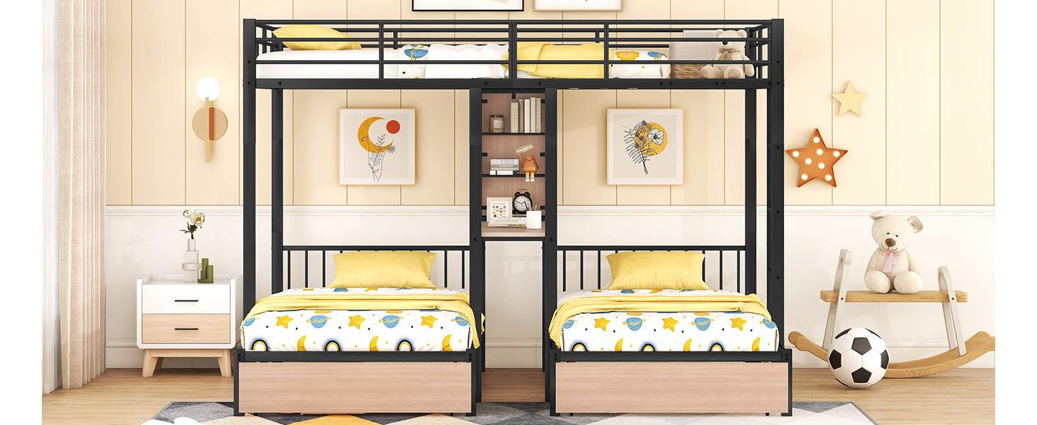 Full Over Twin & Twin Triple Bunk Bed with Drawers, Multi-functional Metal Frame Bed with desks and shelves in the middle, Black