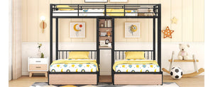 Full Over Twin & Twin Triple Bunk Bed with Drawers, Multi-functional Metal Frame Bed with desks and shelves in the middle, Black