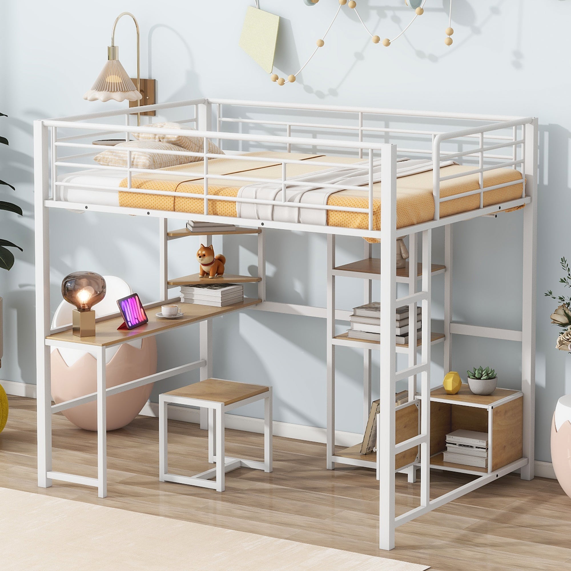 Full Size Loft Bed with Desk and Stool, Metal Loft Bed with Open-Style Wardrobe, Shelves and Cabinet, White