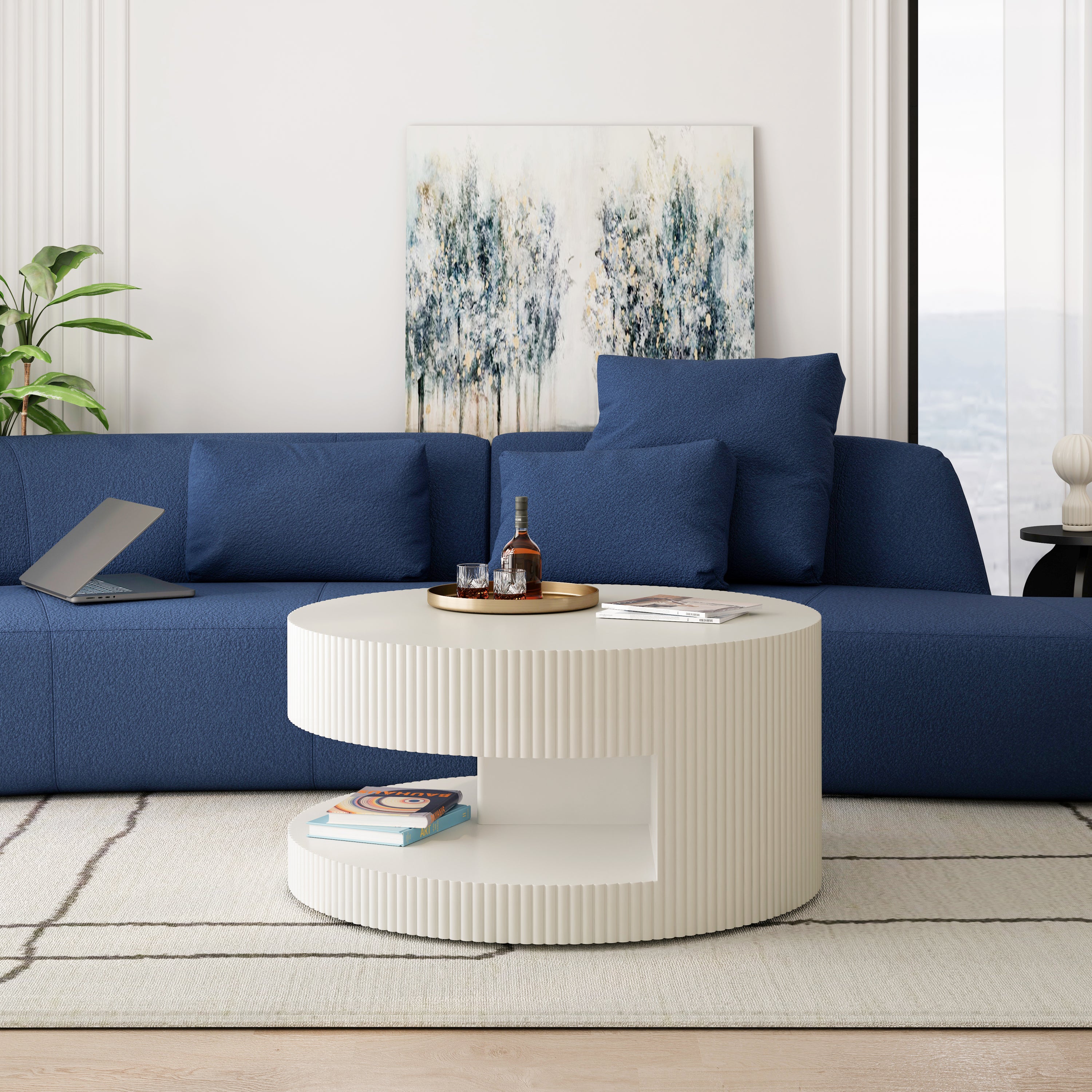 31.5'' Round Coffee Table, Modern Center Table With Storage, Vertical Stripe Design Coffee Table for Living Room, Bedroom (White)