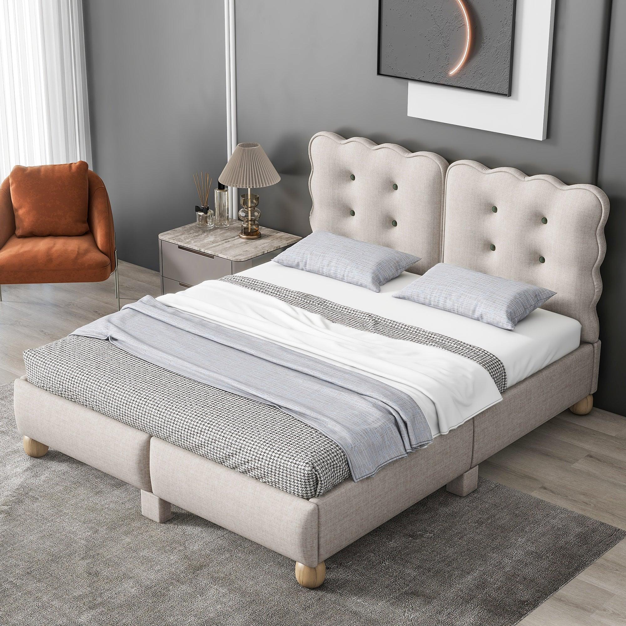 🆓🚛 Full Size Upholstered Platform Bed With Support Legs, Beige