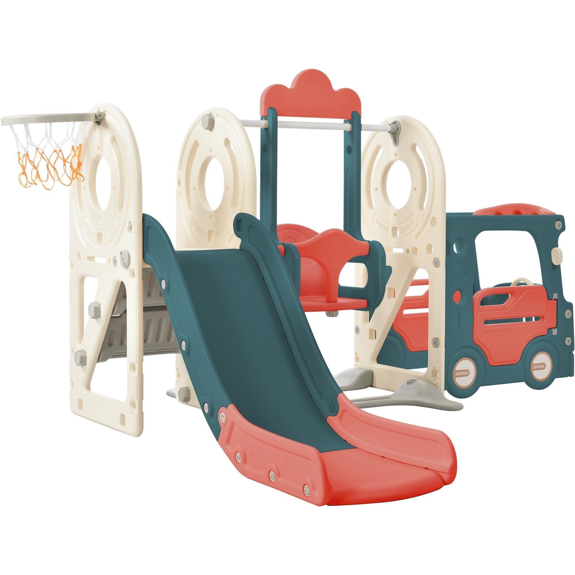 🆓🚛 Kids Swing-N-Slide With Bus Play Structure, Freestanding Bus Toy With Slide&Swing for Toddlers, Bus Slide Set With Basketball Hoop, Red & Blue