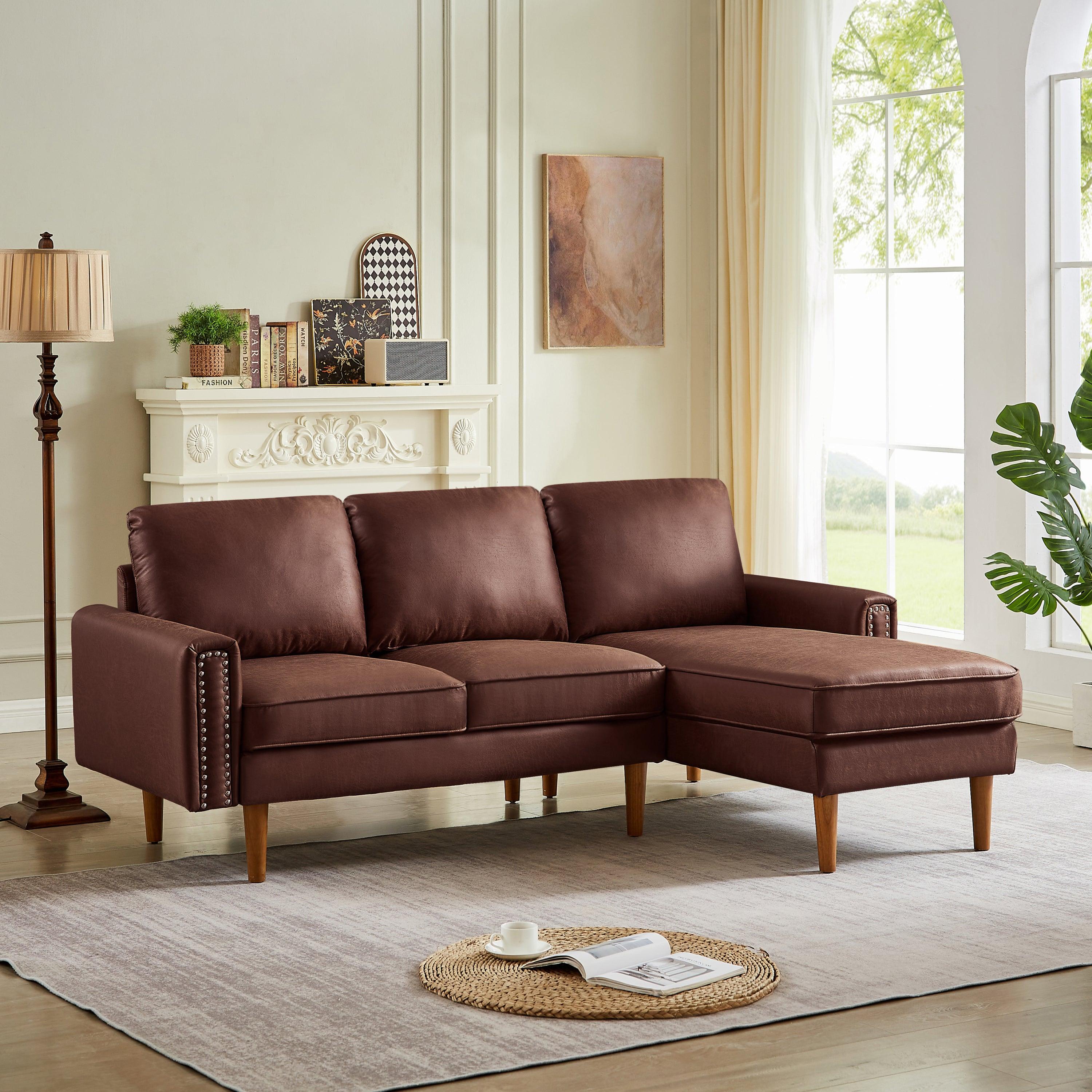 🆓🚛 82.2"L-Shape Sofa Couch With Chais Mid-Century Copper Nail On Arms, Strong Wooden Leg & Suede Fabric Design That Will Complement Any Living Space, Right Chaise, Dark Brown