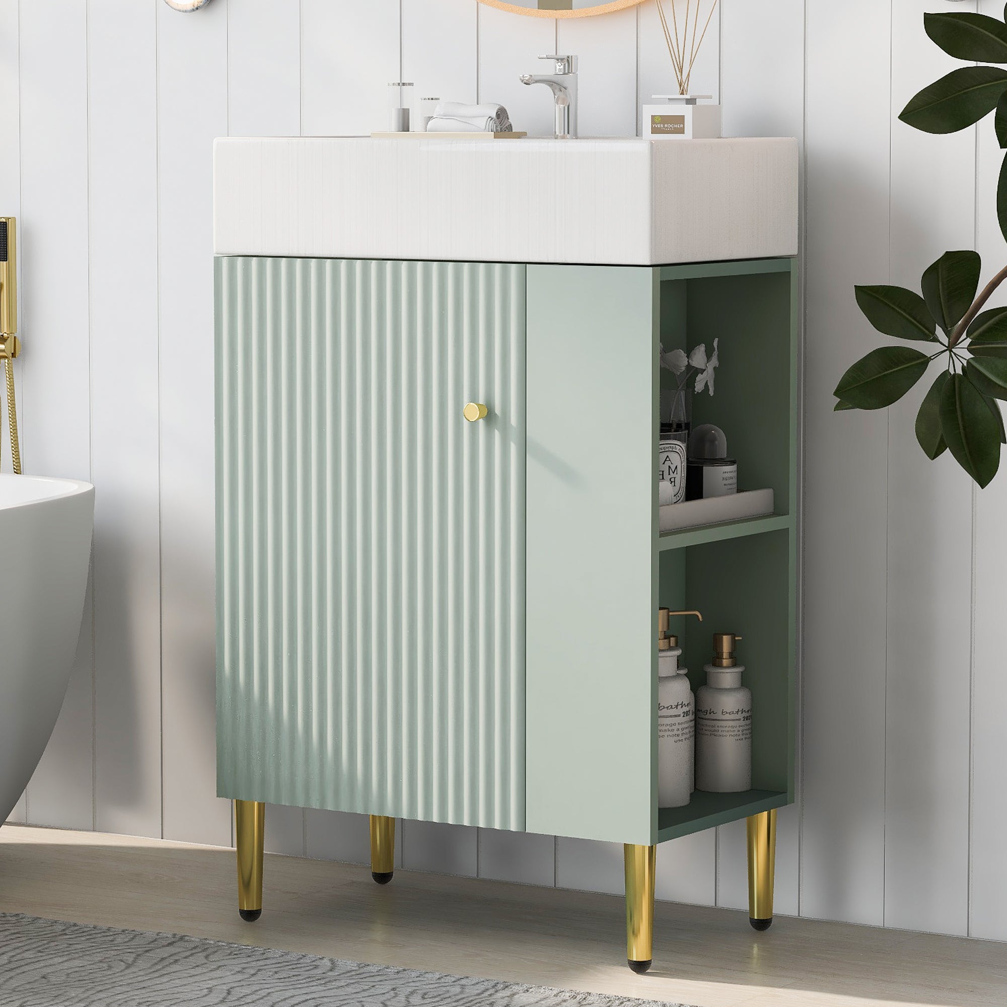 21.6" Green Bathroom Vanity, Combo Cabinet, Bathroom Storage Cabinet, Single Ceramic Sink, Right Side Storage