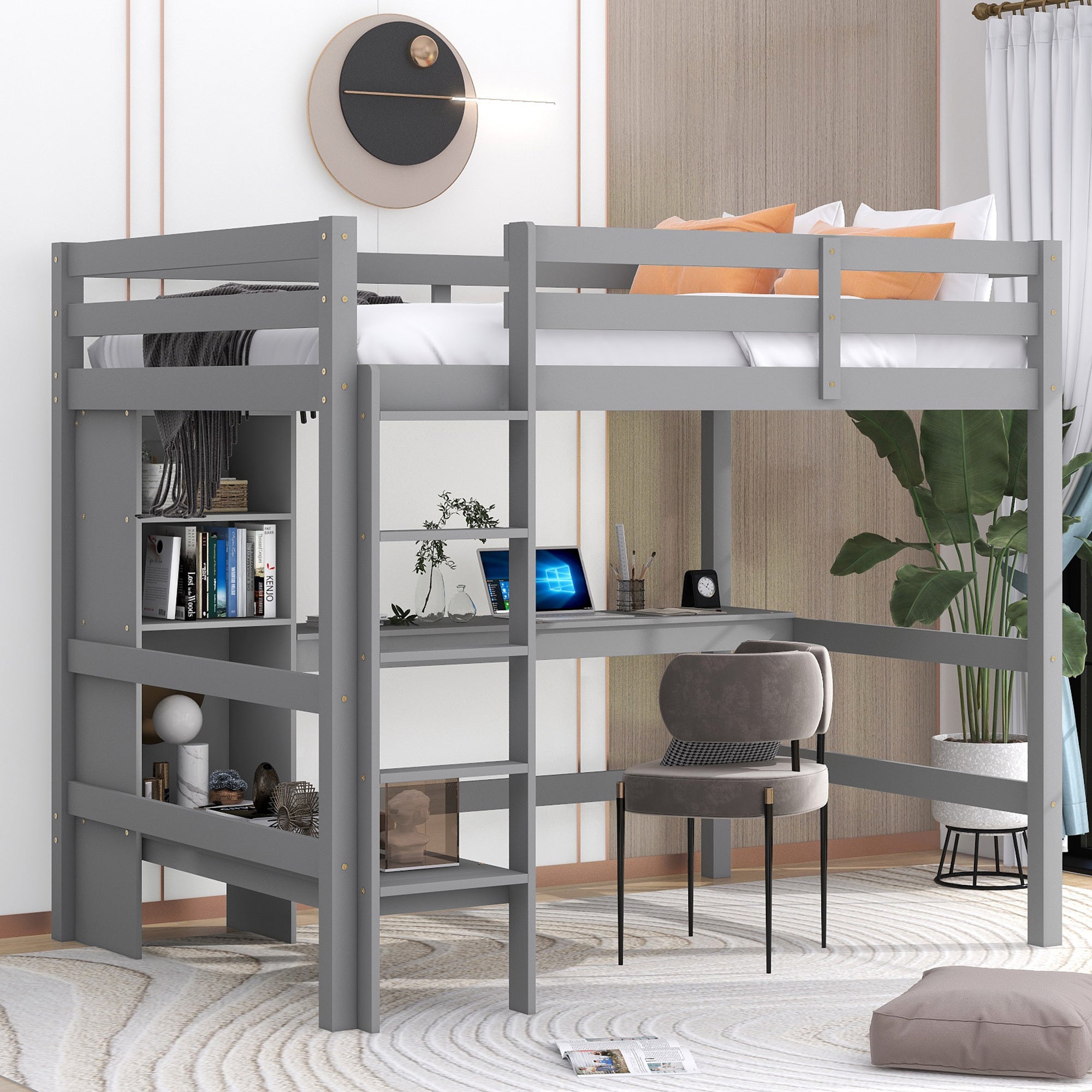 🆓🚛 Full Size Loft Bed With Multifunction Shelves and Under-Bed Desk, Gray