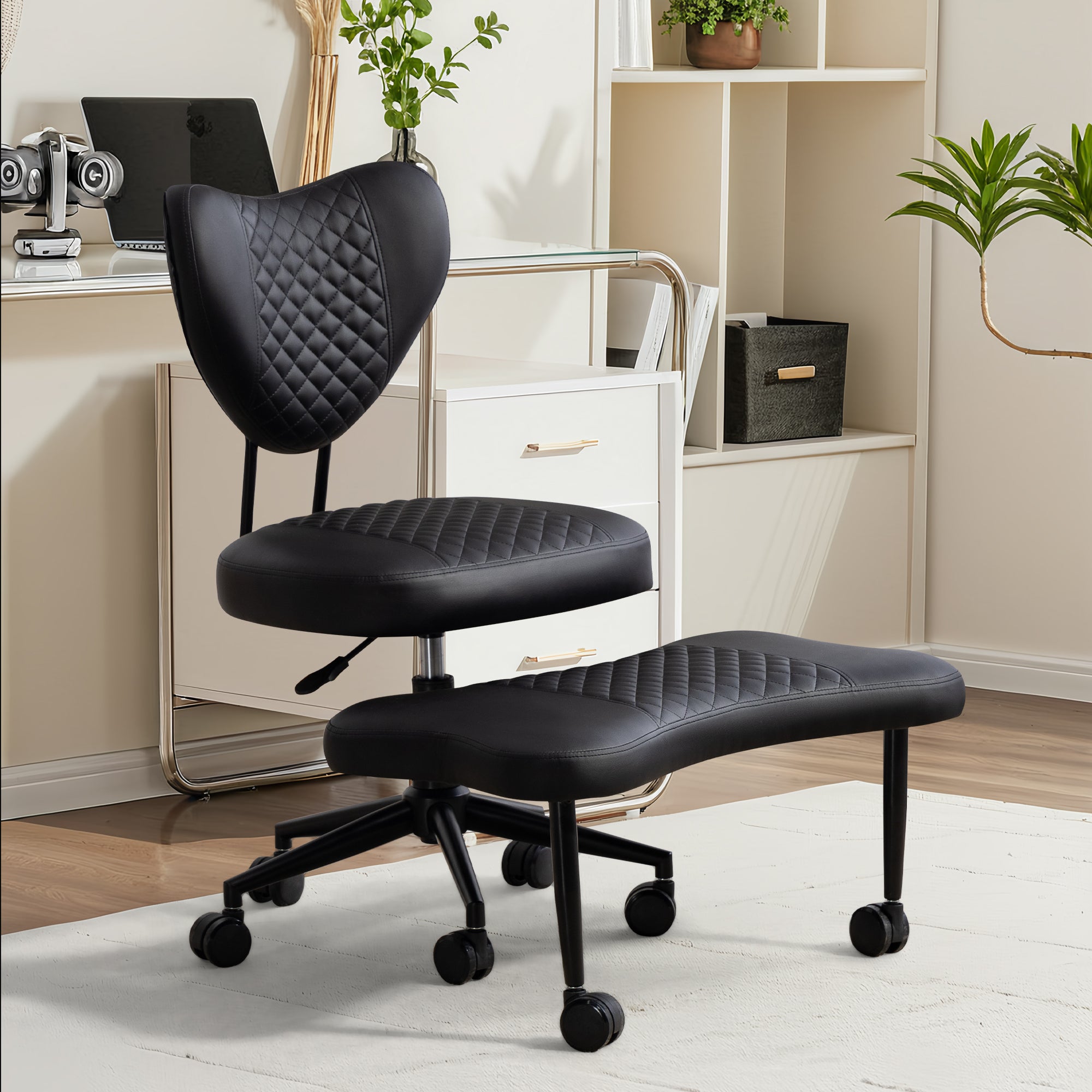 Upgraded Ergonomic Cross Legged Swivel Chair, Adjustable Height and PU Leather, Meditation& ADHA Chair with Back Support, Home and Office, Yoga Chair, Black