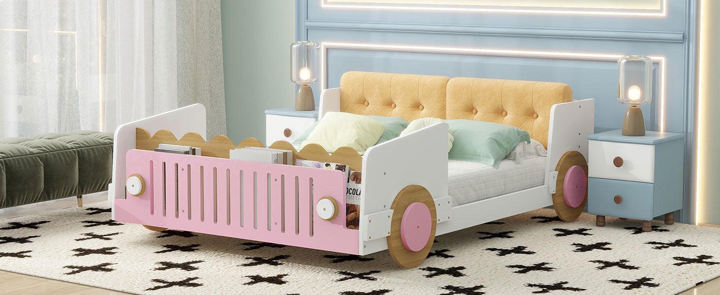 Full size Car-shaped platform bed with Soft cushion and shelves on the footboard, White