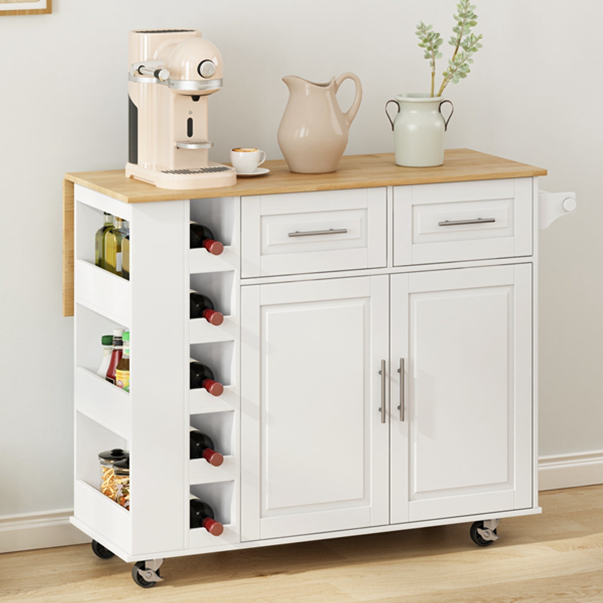 🆓🚛 Multi-Functional Kitchen Island Cart, 2 Door Cabinet & 2 Drawers, Spice Rack, Towel Holder, Wine Rack, Foldable Rubberwood Table Top, White