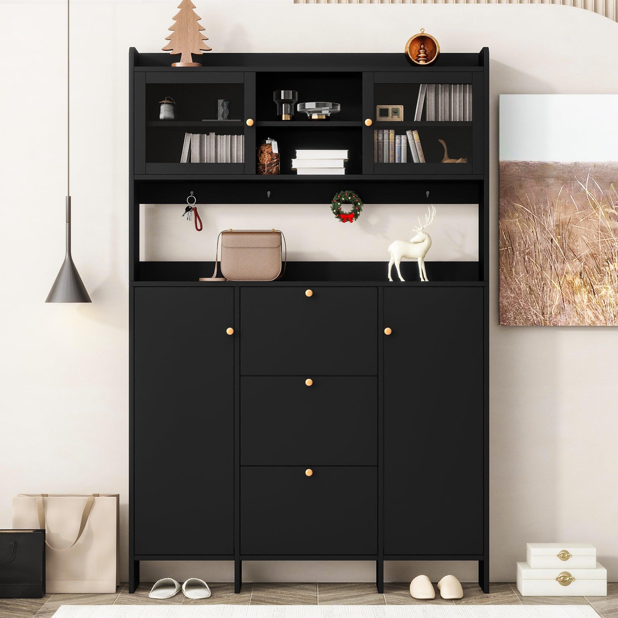 🆓🚛 Contemporary Shoe Cabinet With Open Storage Platform, Tempered Glass Hall Tree With 3 Flip Drawers, Versatile Tall Cabinet With 4 Hanging Hooks for Hallway, Black