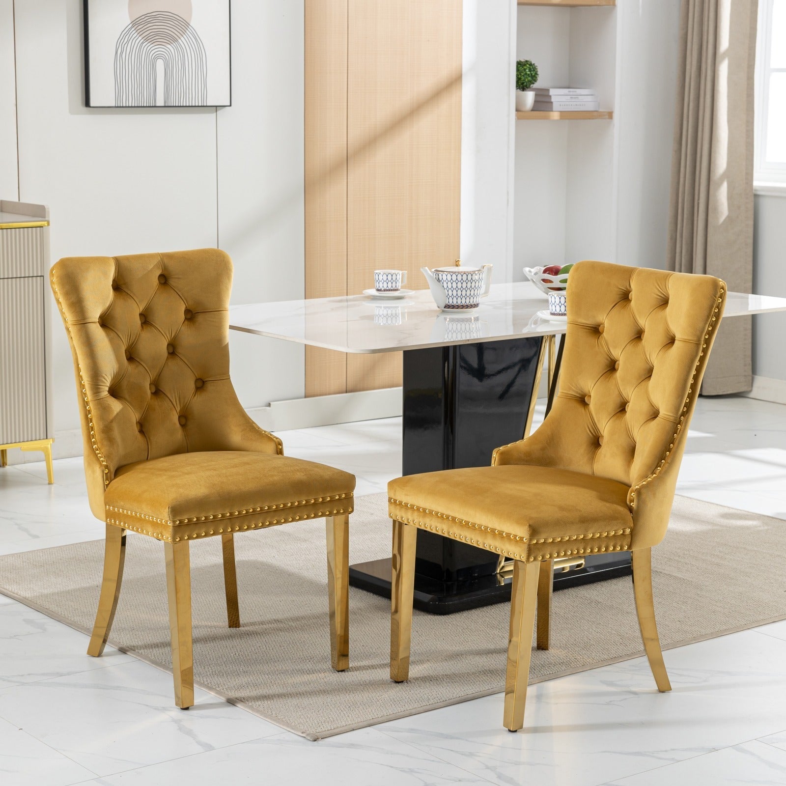 🆓🚛 High-End Tufted Solid Wood Contemporary Velvet Upholstered Dining Chair With Golden Stainless Steel Plating Legs, Nailhead Trim, Set of 2, Gold