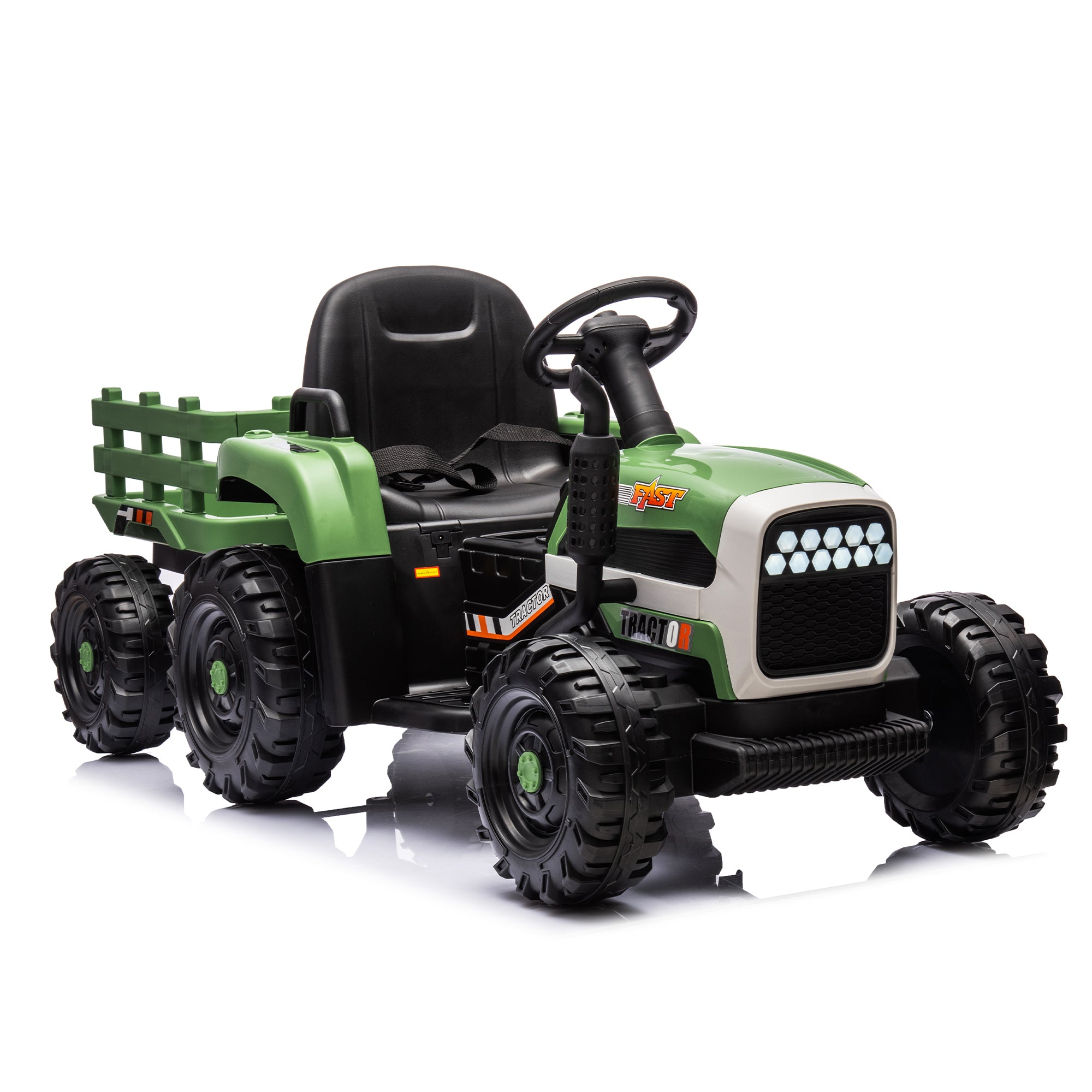 🆓🚛 Ride On Tractor With Trailer, 12V Battery Powered Electric Tractor Toy W/Remote Control, Electric Car for Kids, Three Speed Adjustable, Power Display, USB, Mp3, Bluetooth, Led Light, Two-Point Safety Belt, Green