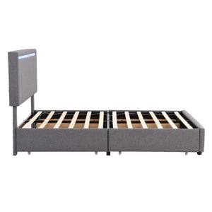 Full Size Upholstered Bed with LED Light and 4 Drawers,  Modern Platform Bed with a set of Sockets and USB Ports, Linen Fabric, Gray