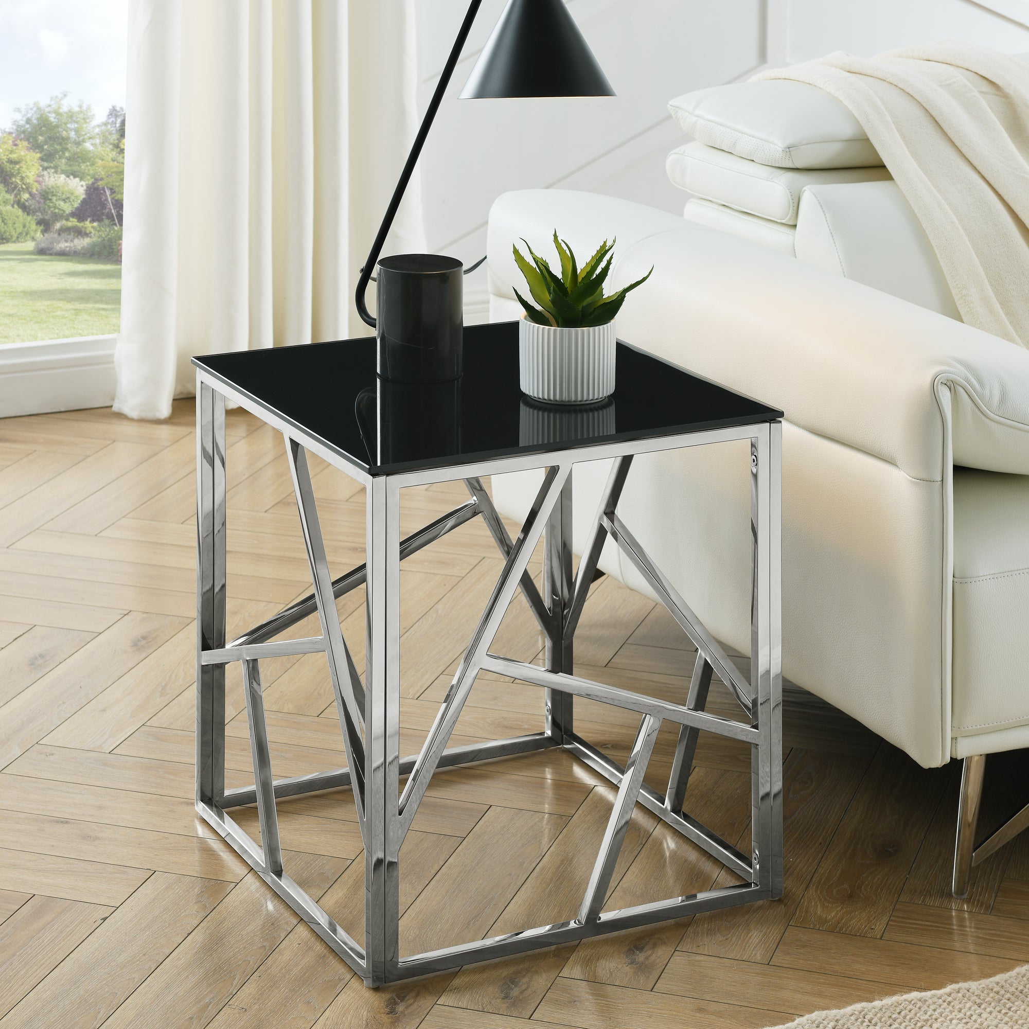 20 Inch Modern Glass End Table with Geometric Metal Frame, Accent Table Nightstand Furniture Corner Table for Living Room, Home Office, Bedroom - Chrome