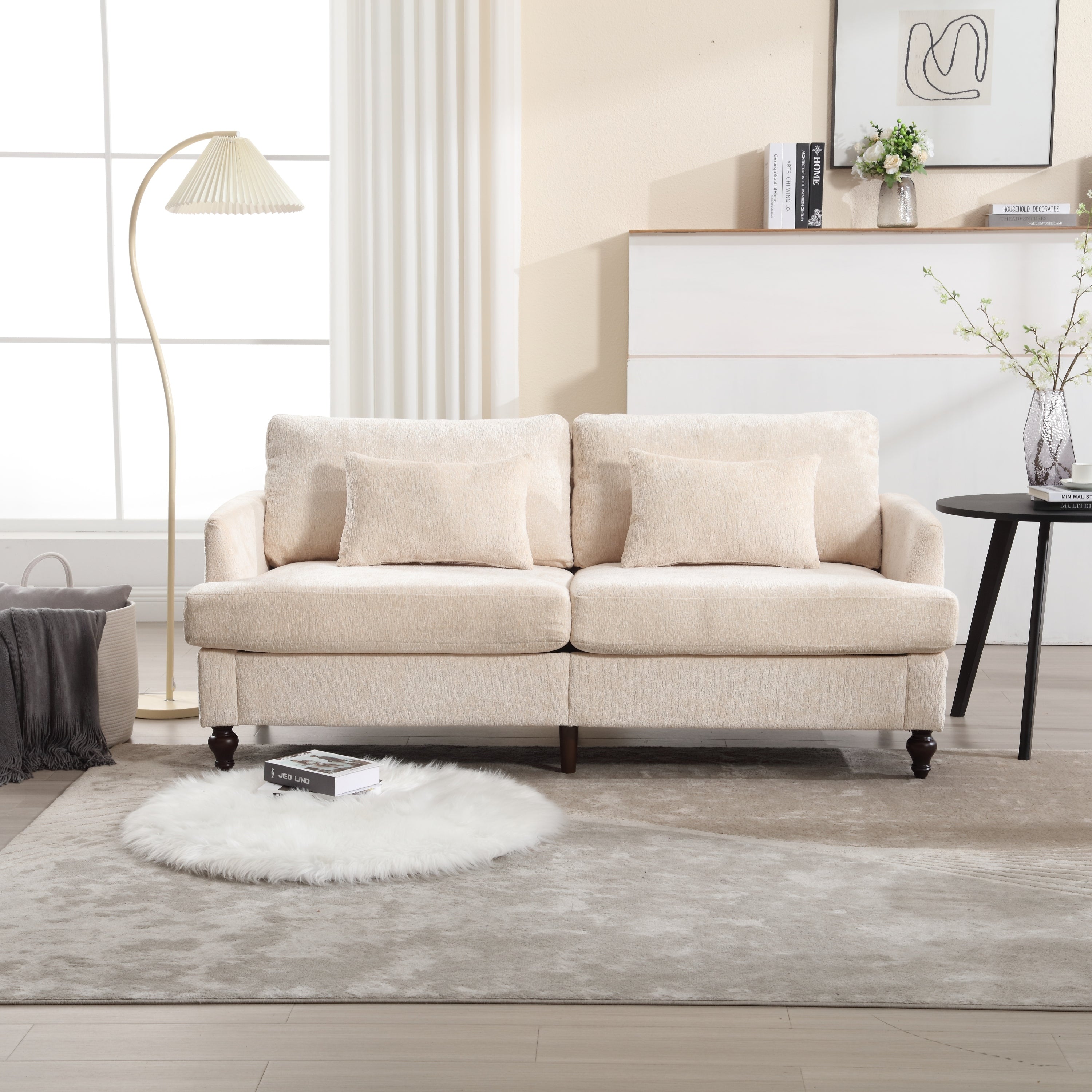 🆓🚛 68.9" Modern Chenille Fabric Loveseat, 2-Seat Upholstered Loveseat Sofa Modern Couch, Beige