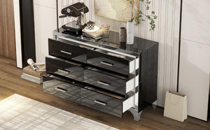 Elegant High Gloss Dresser with Metal Handle, Mirrored Storage Cabinet with 6 Drawers for Bedroom, Living Room, Black