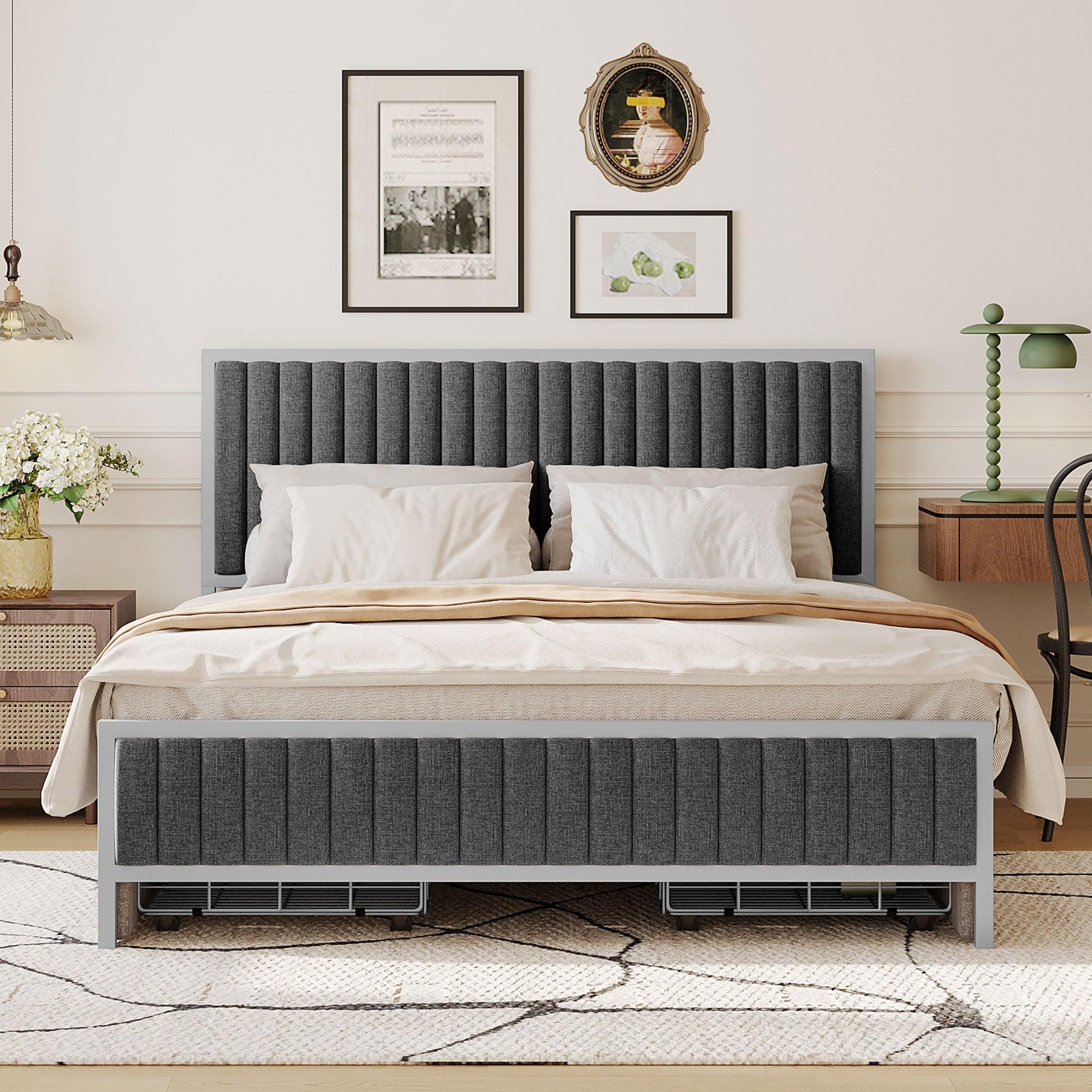 🆓🚛 Queen Size Metal Frame Upholstered Bed With 4 Drawers, Linen Fabric, Gray