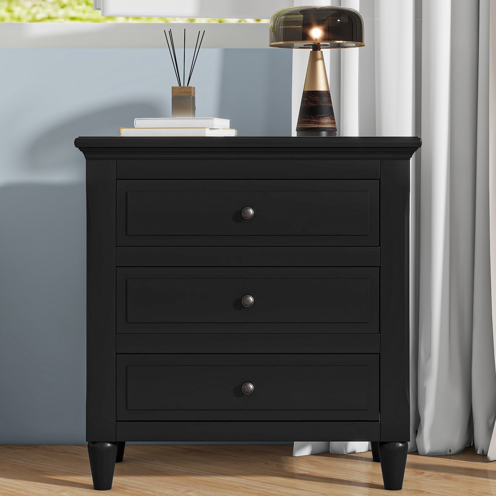 🆓🚛 3-Drawer Nightstand Storage Wood Cabinet, Black