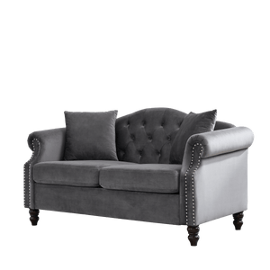 57" Chesterfield Sofa Grey Velvet for Living Room, 2 Seater Sofa Tufted Couch with Rolled Arms and Nailhead, with 2 Pillows