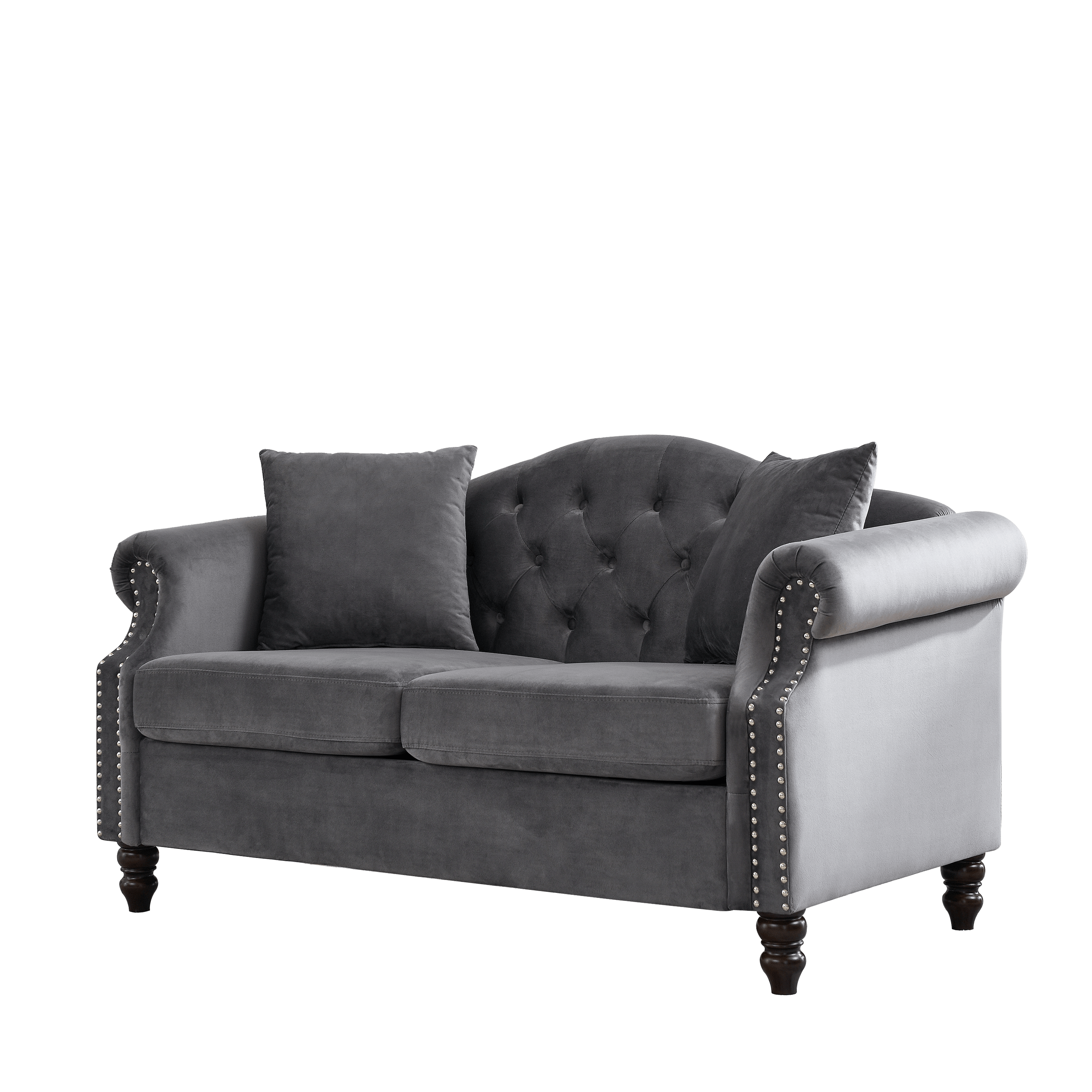 57" Chesterfield Sofa Grey Velvet for Living Room, 2 Seater Sofa Tufted Couch with Rolled Arms and Nailhead, with 2 Pillows