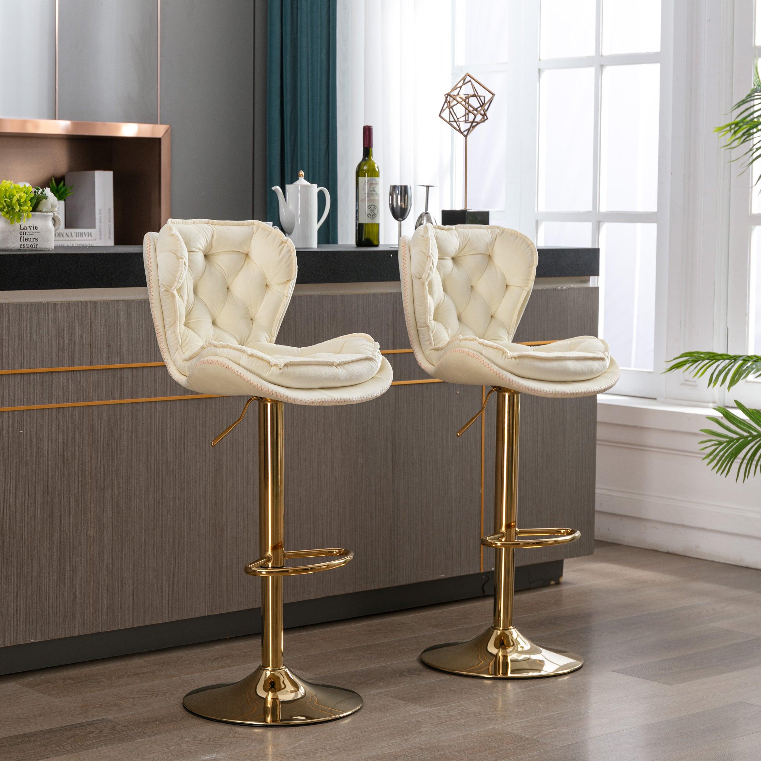 🆓🚛 Set Of 2 Bar Stools, With Chrome Footrest & Base Swivel Height Adjustable Mechanical Lifting Velvet + Golden Leg Simple Bar Stool-Cream