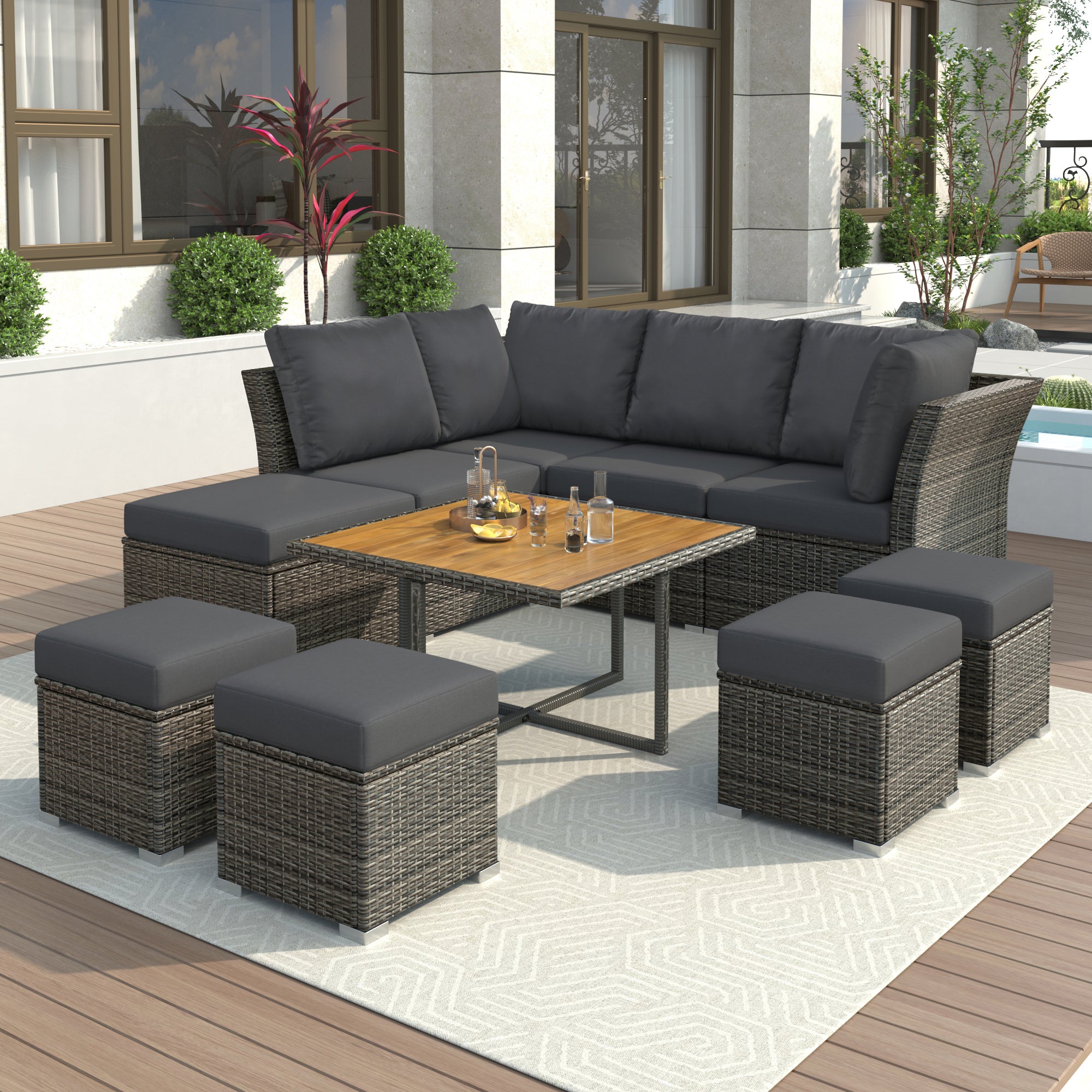 🆓🚛 Patio Furniture Set, 10 Piece Outdoor Conversation Set, 1 Table, 2 Corner Seats, 2 Armless Seats & 5 Ottomans