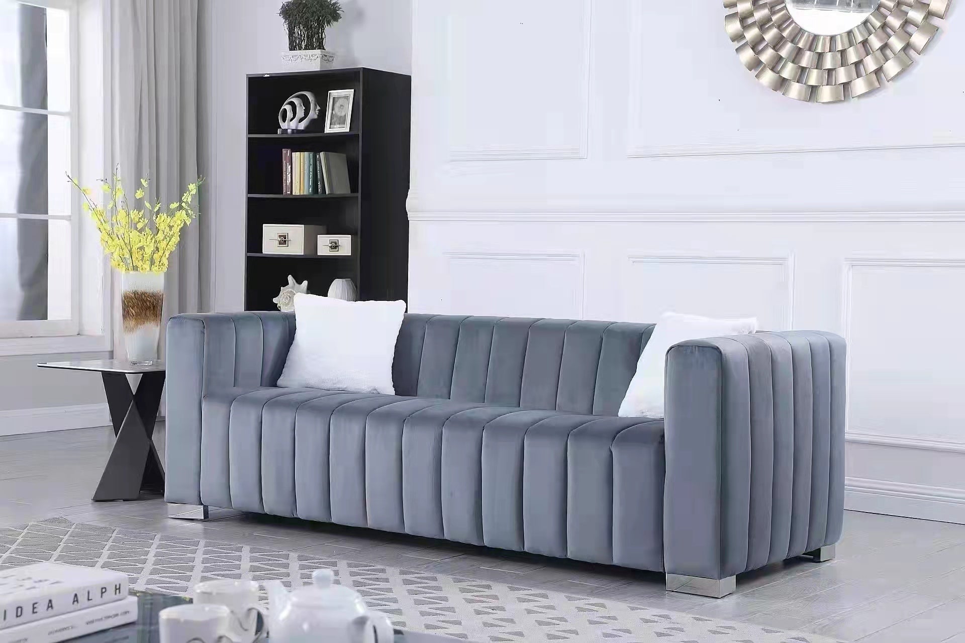 🆓🚛 85.7" Modern 3 Seater Velvet Channel Sofa, Gray