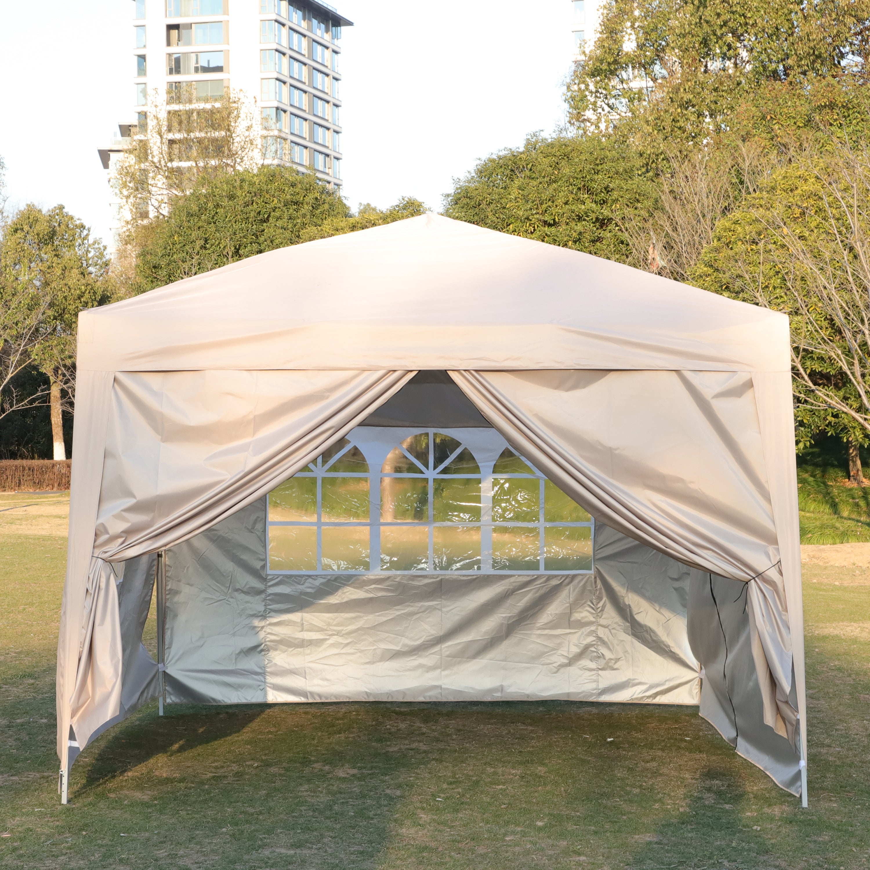 🆓🚛 Outdoor 10x 10Ft Pop Up Gazebo Canopy Tent, Removable Sidewall with Zipper, 2pcs Sidewall with Windows, with 4pcs Weight Sand Bags & Carry Bag, Beige