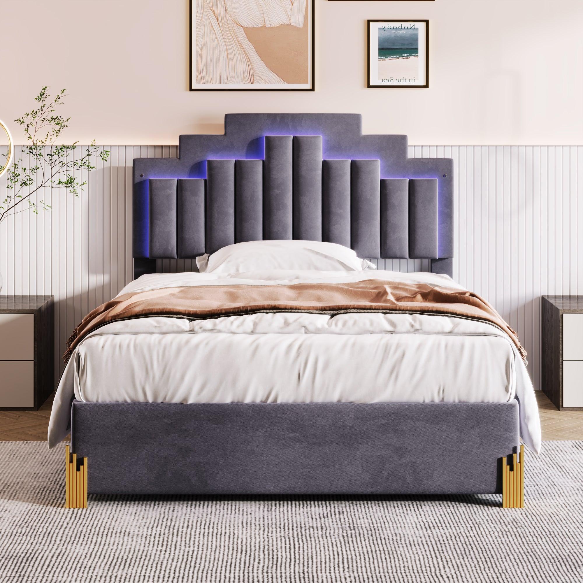 🆓🚛 Full Size Upholstered Platform Bed With Led Lights & 4 Drawers, Stylish Irregular Metal Bed Legs Design, Gray