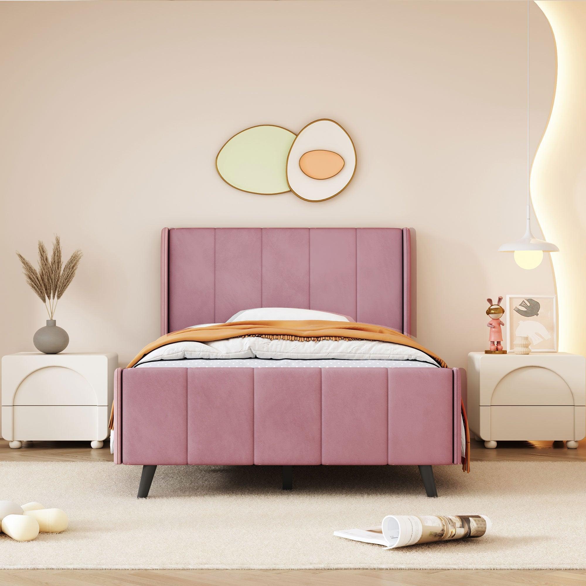 🆓🚛 Twin Size Upholstered Platform Bed, Velvet, Pink