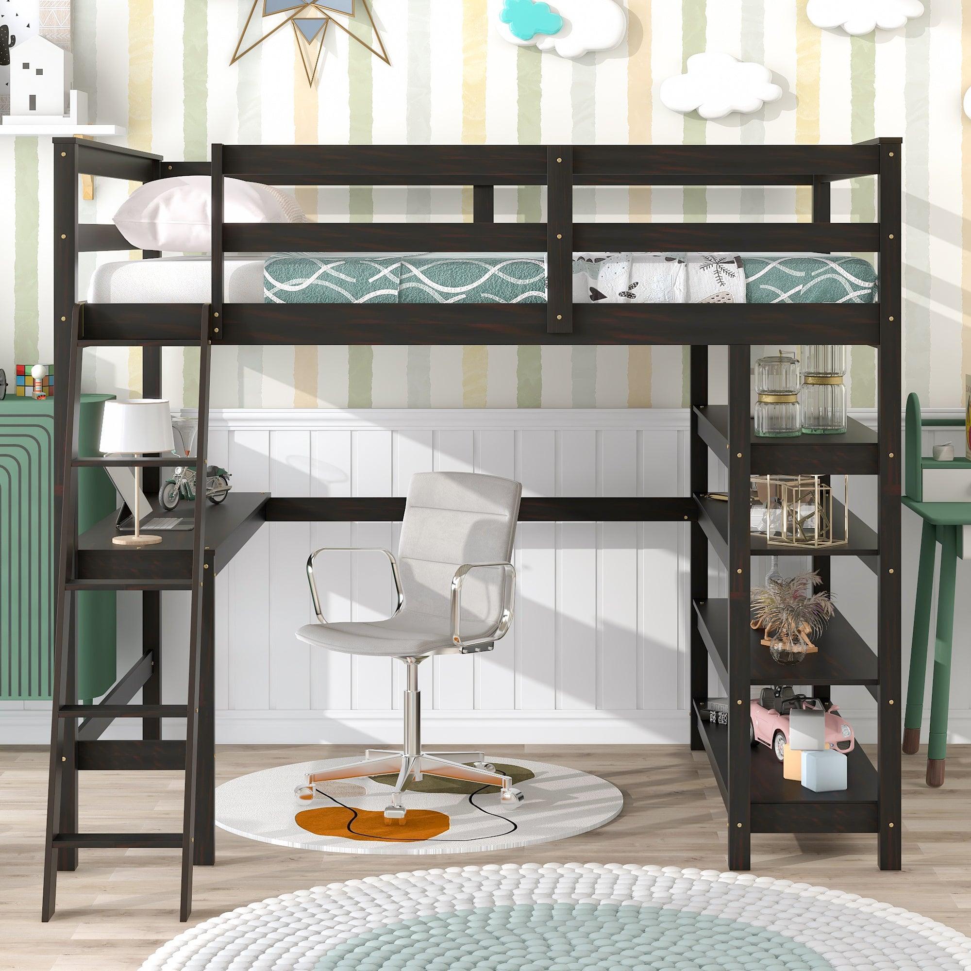 🆓🚛 Loft Bed Full With Desk, Ladder, Shelves, Espresso