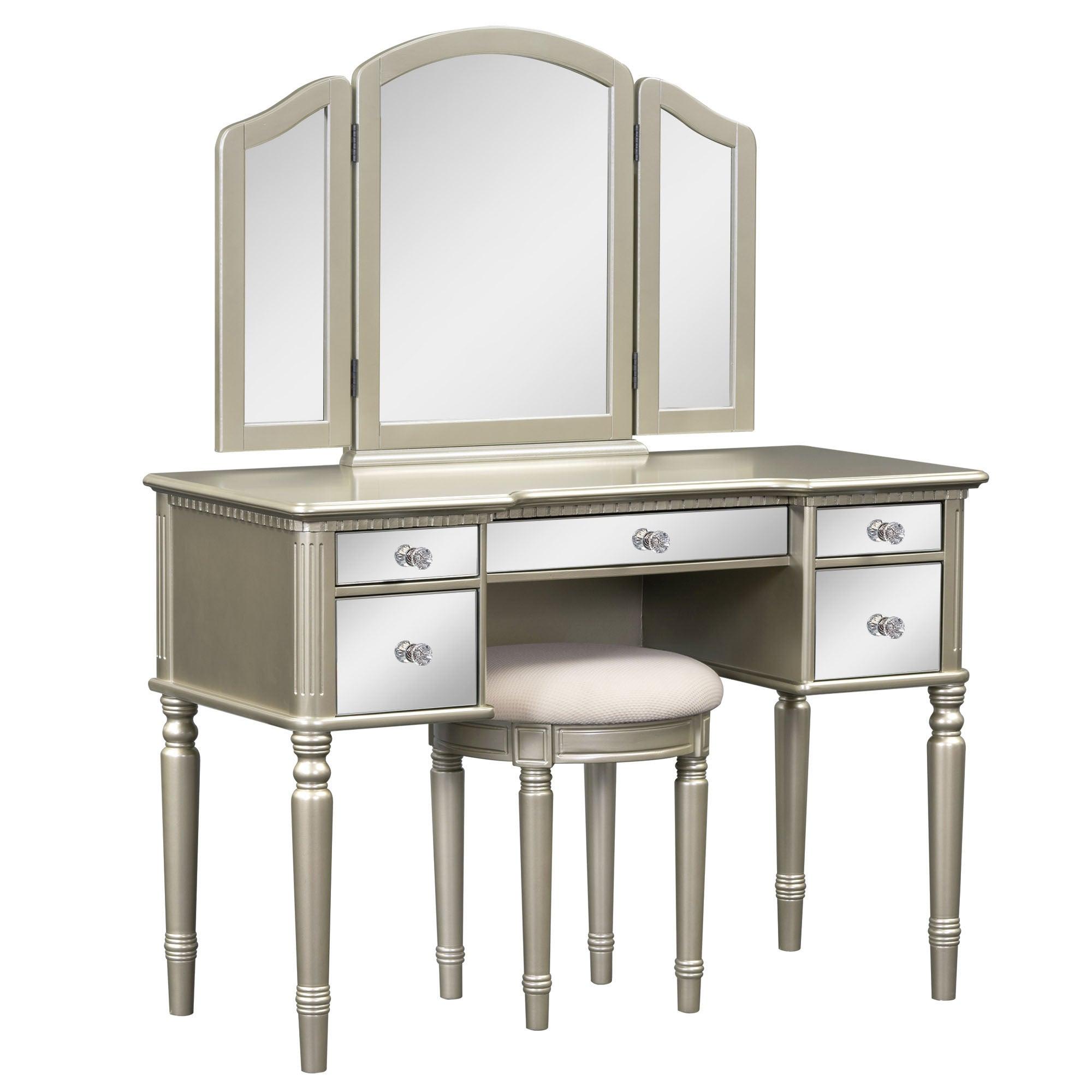 43" Dressing Table Set with Mirrored Drawers and Stool, Tri-fold Mirror, Makeup Vanity Set for Bedroom, Gold