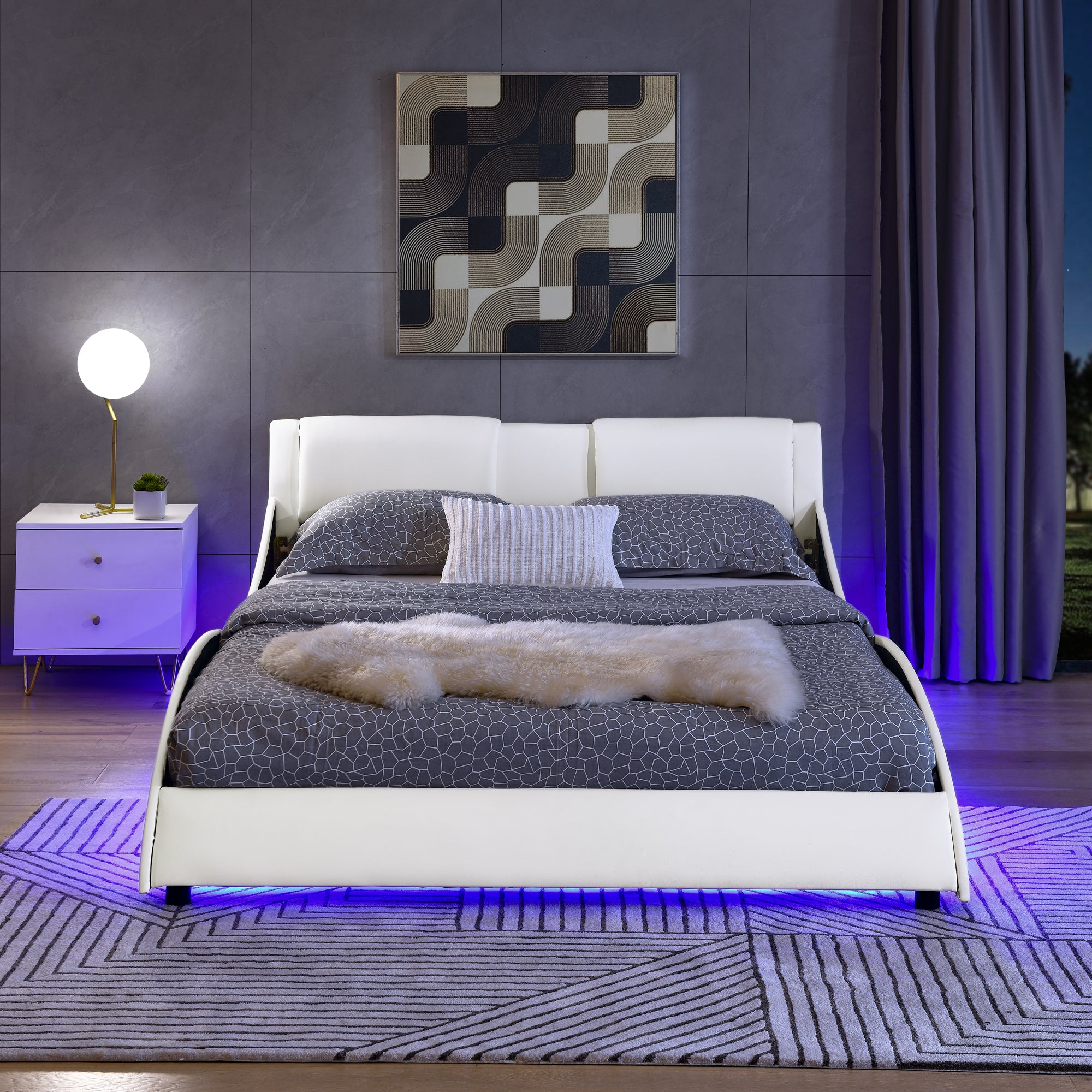 Queen Led Bed Frame Modern Faux Leather Upholstered Platform Bed Frame With Rgb Led Lights and Headboard Wave Like Curve Low Profile Bed Frame, Wood Slats Support, Easy Assembly, White