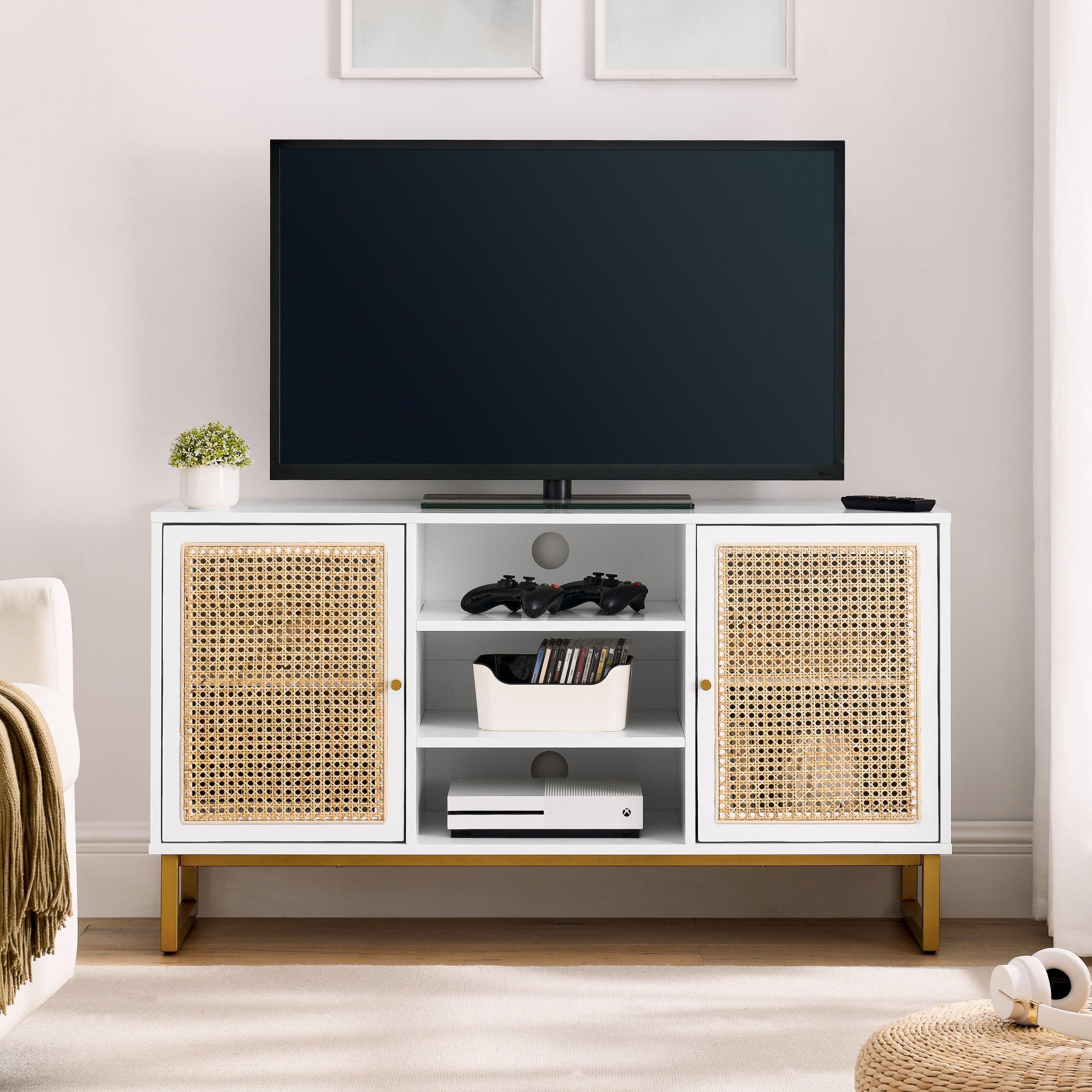 47 Inch Mid Century Modern White TV Stand with Adjustable Shelf, Rattan TV Stands, Entertainment Cabinet, Media Console for Living Room Bedroom Media Room, White Wood Finish & Metal Legs LamCham
