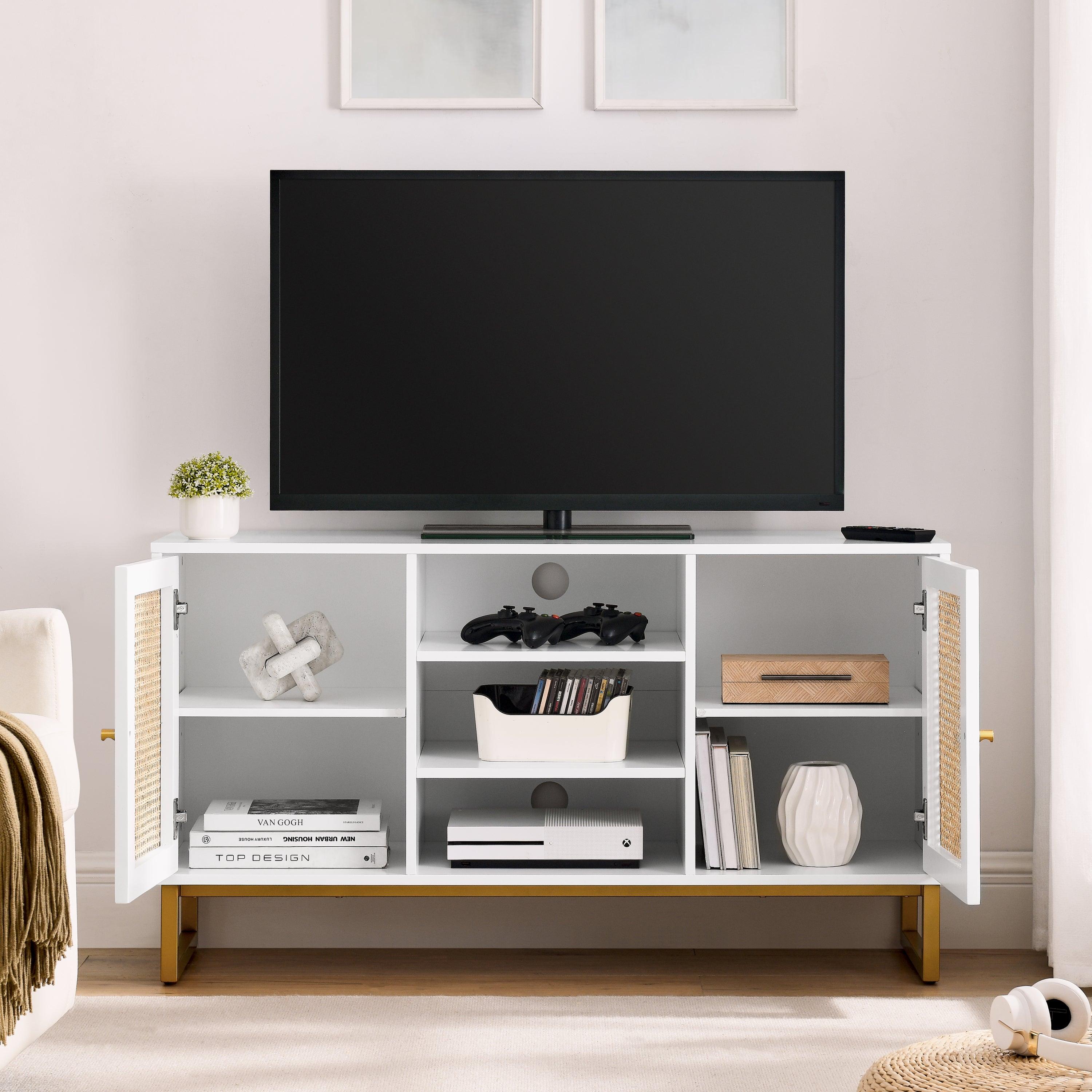 47 Inch Mid Century Modern White TV Stand with Adjustable Shelf, Rattan TV Stands, Entertainment Cabinet, Media Console for Living Room Bedroom Media Room, White Wood Finish & Metal Legs LamCham