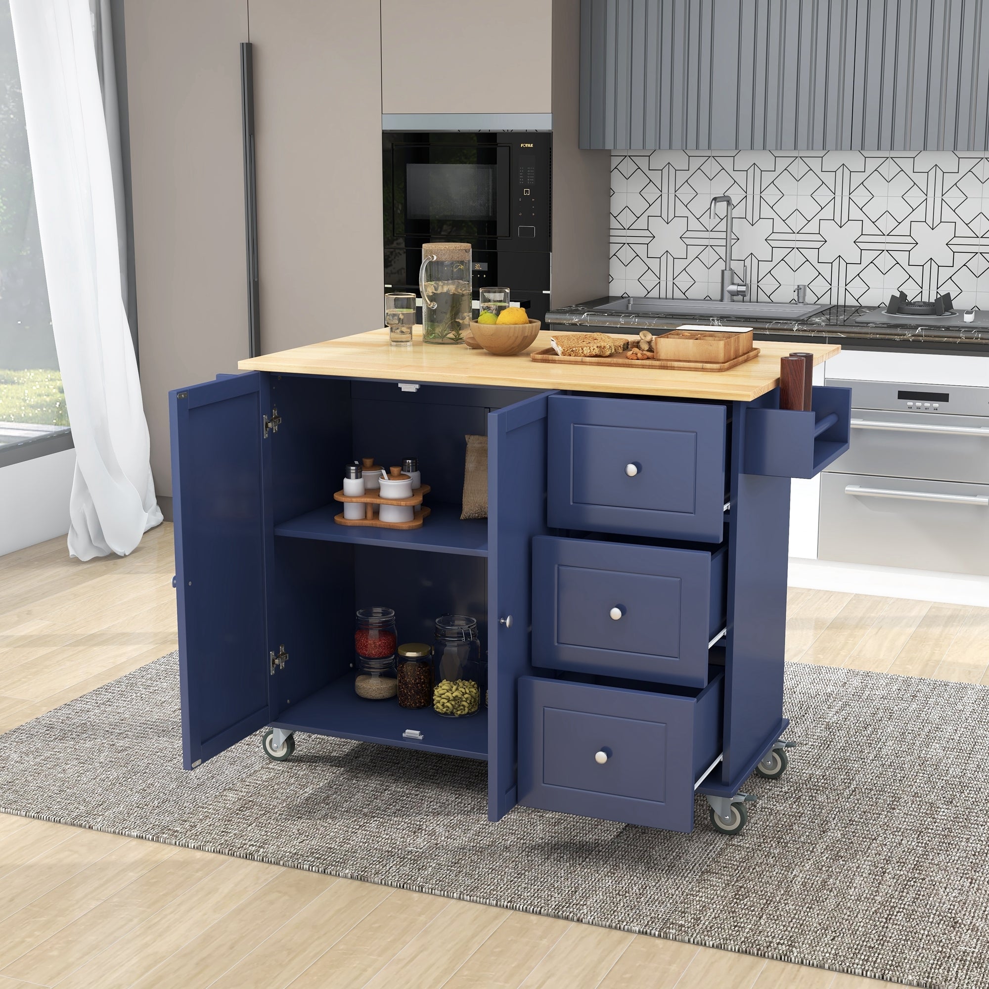 Rolling Mobile Kitchen Island With Drop Leaf - Solid Wood Top, Locking Wheels & Storage Cabinet 52.7 Inch Width (Dark Blue)