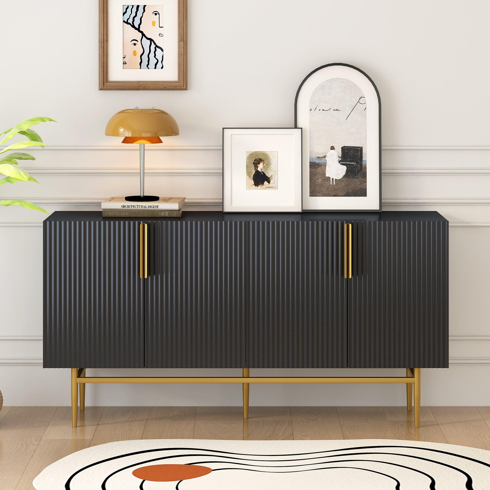 🆓🚛 Modern Elegant 4-Door Sideboard Gold Metal Handle Buffet Cabinet for Dining Room, Living Room, Bedroom, Hallway (Black)