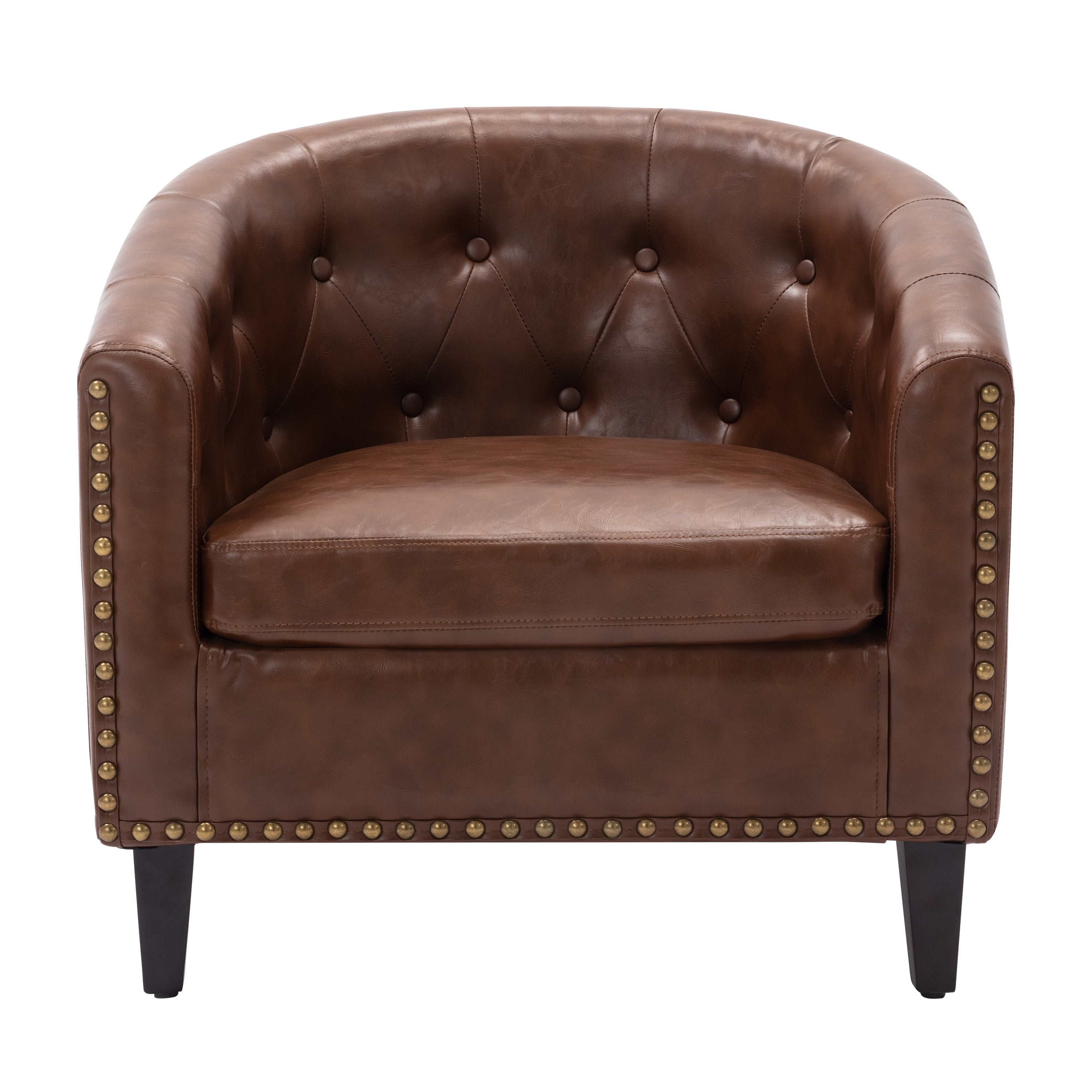 🆓🚛 Pu Leather Tufted Barrel Chair for Living Room & Bedroom, Brown